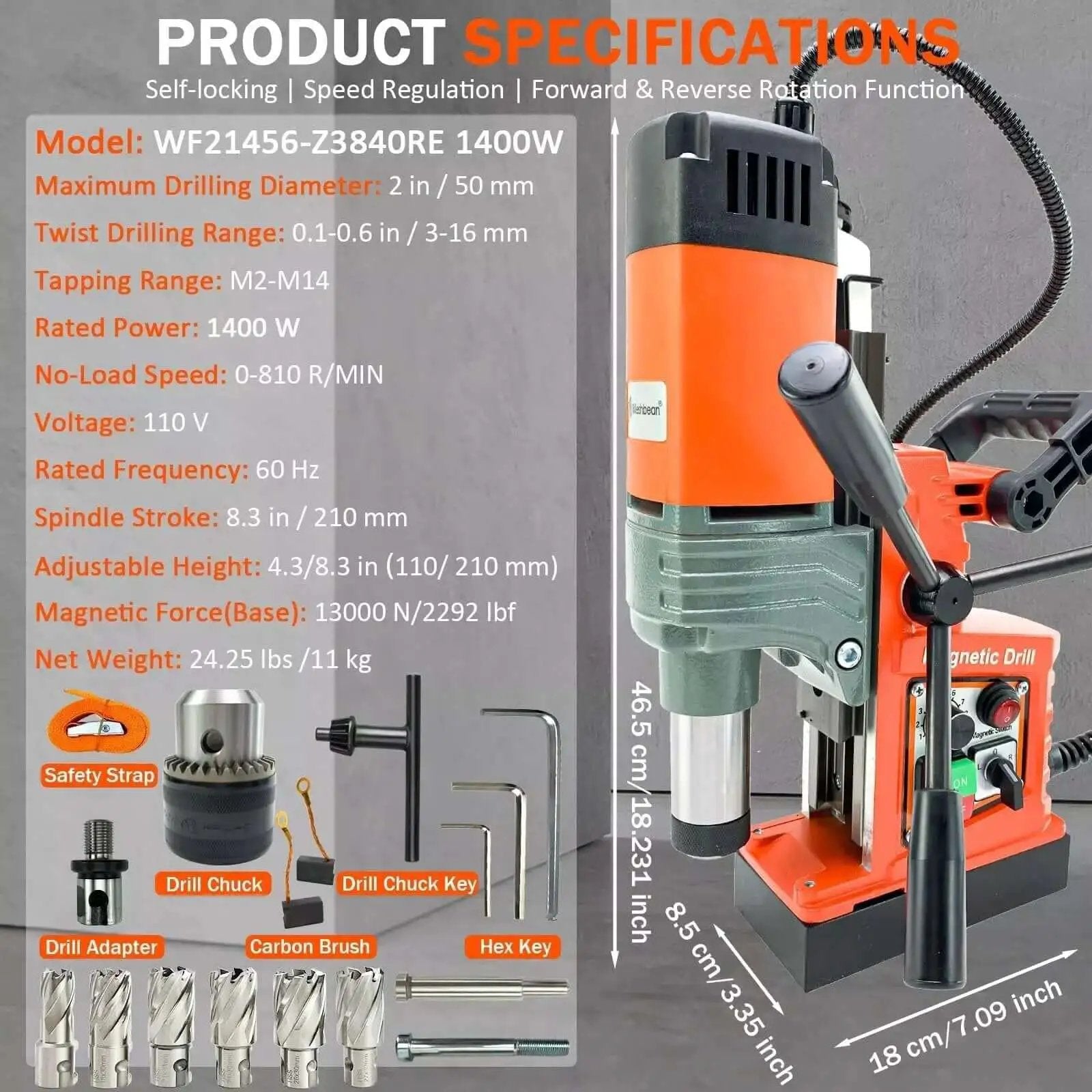 Workhorse 1400W Magnetic Drill Press With 2 Inch Capacity And 810 RPM Stepless Speed Reversible Direction 13000N Magnetic Force for metalworking.