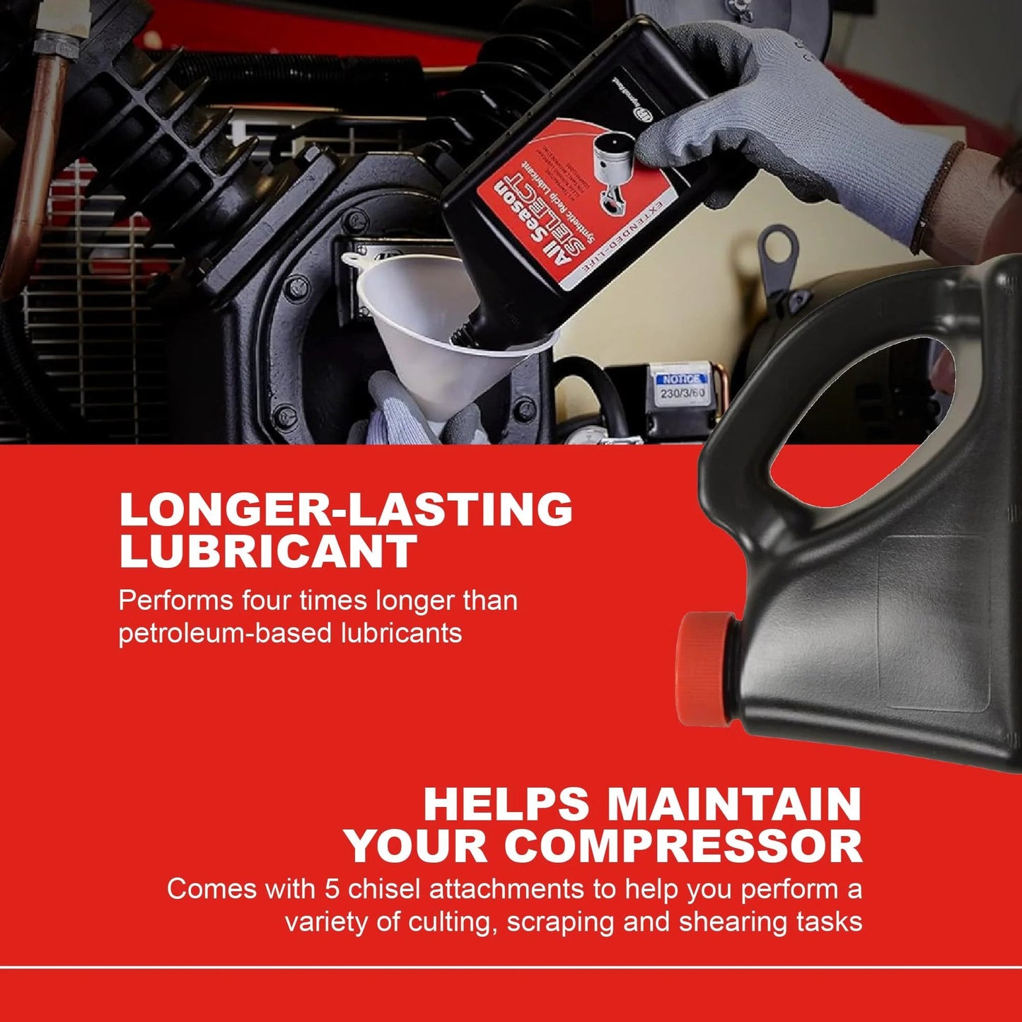 All Season Select Synthetic Lubricant For Reciprocating Air Compressors, OEM Grade Oil For Peak Performance And Longevity, 5L Bottle By Ingersoll Rand being used in a compressor.