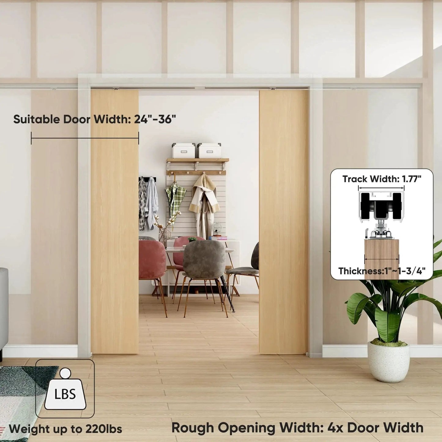 Concealed Sliding Pocket Door Track Kit With 12 Foot Dual Rail System For 48 To 72 Inch Wide Double Doors 68.7 Inch Spliced Rails