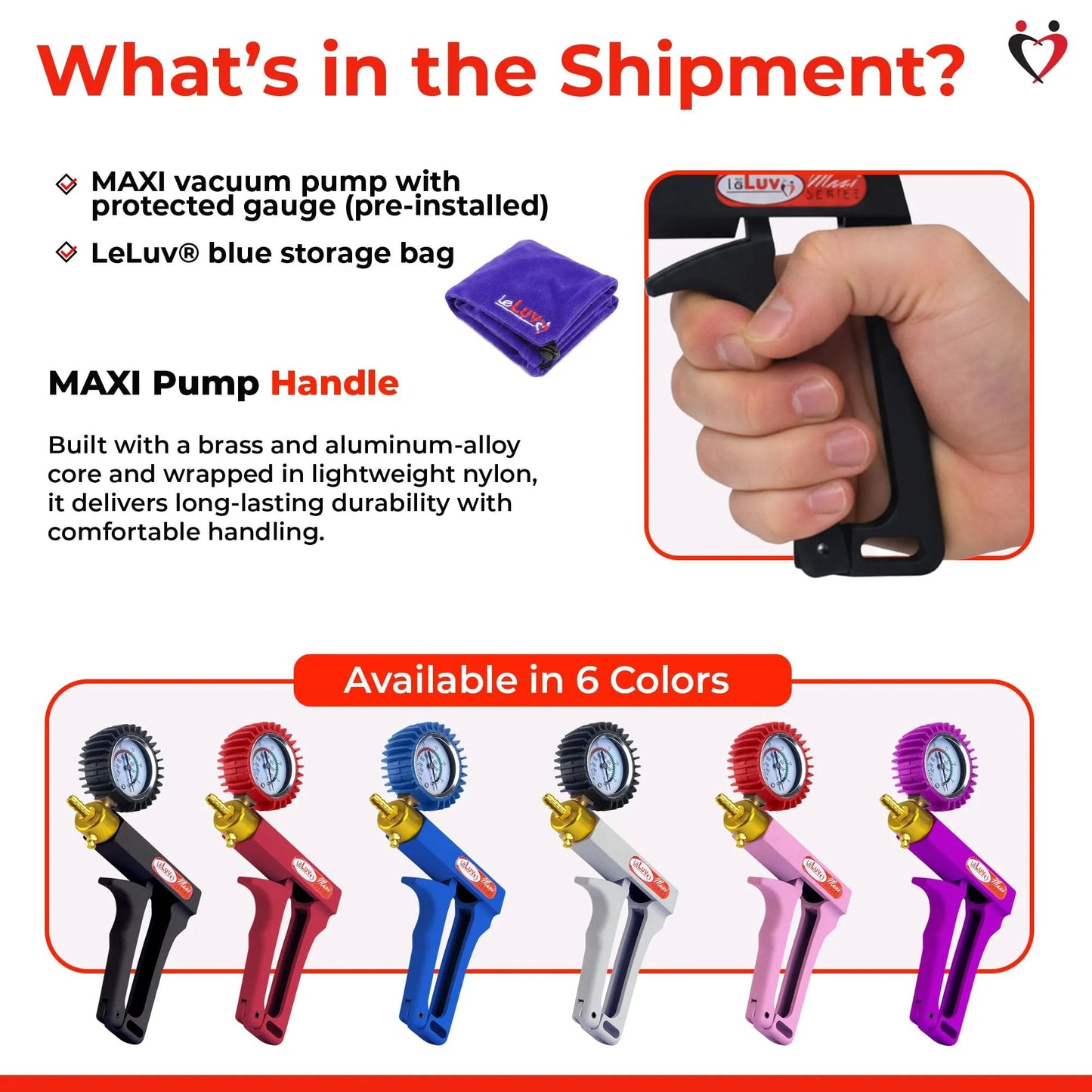 Maxi Manual Vacuum Pump From LeLuv With Ergonomic Nylon Handle Release Valve And Rubber Protected Pressure Gauge For 0-30 Hg And 0-760 MmHg One Eighth NPT Compatible Blue, available in multiple colors.