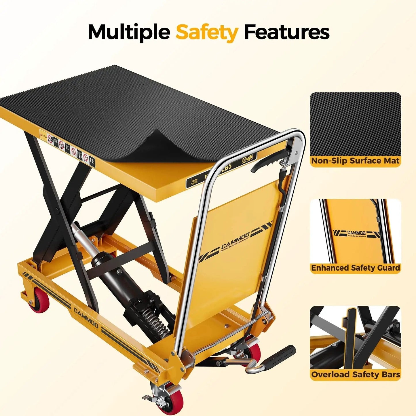 Foldable Hydraulic Lift Table Cart 500lb Capacity With Non Slip Pad 28.5 Inches showing non-slip surface and safety features