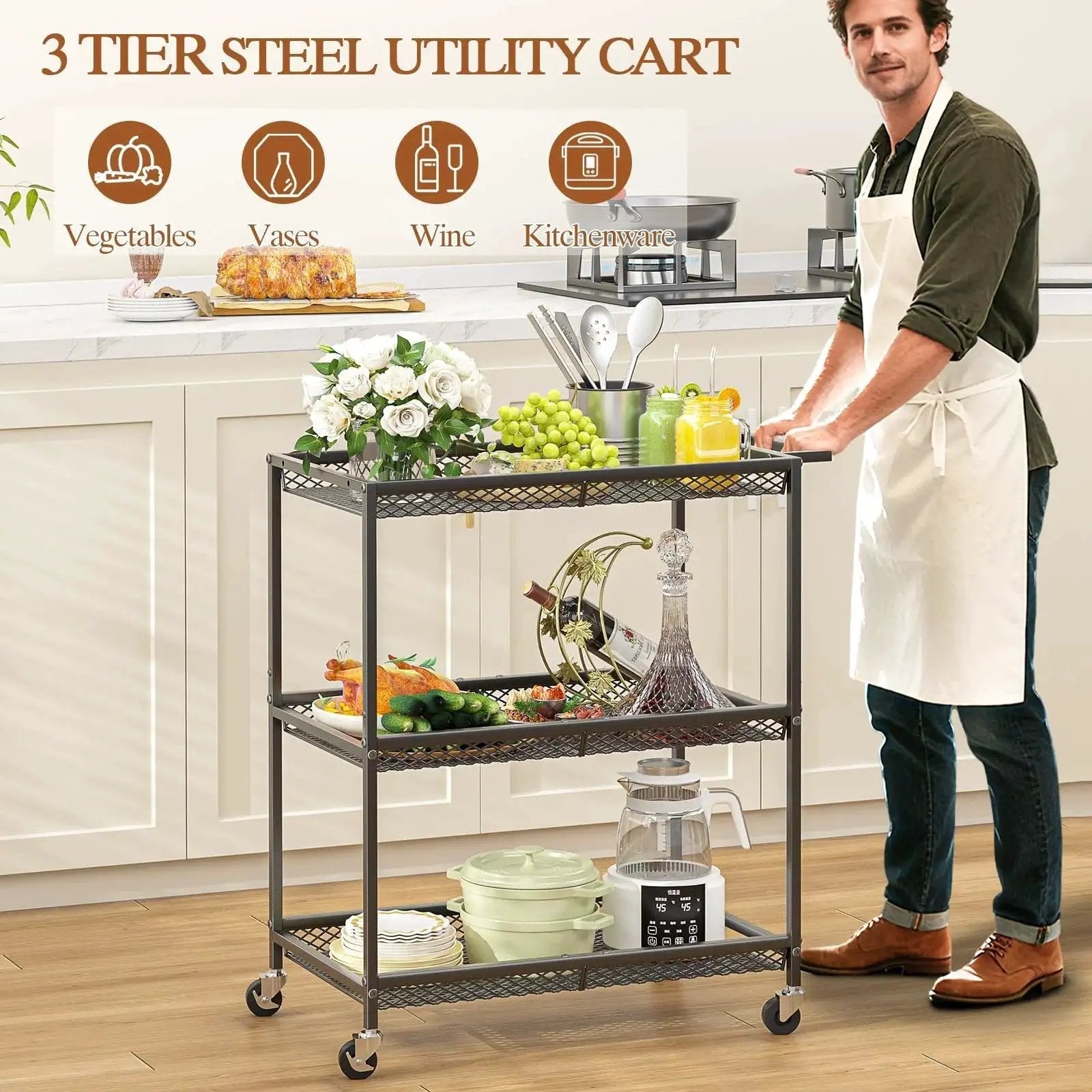 Man using Three Tier Rolling Utility Kitchen Cart With Heavy Duty Metal Construction And Wire Shelves On Wheels in kitchen