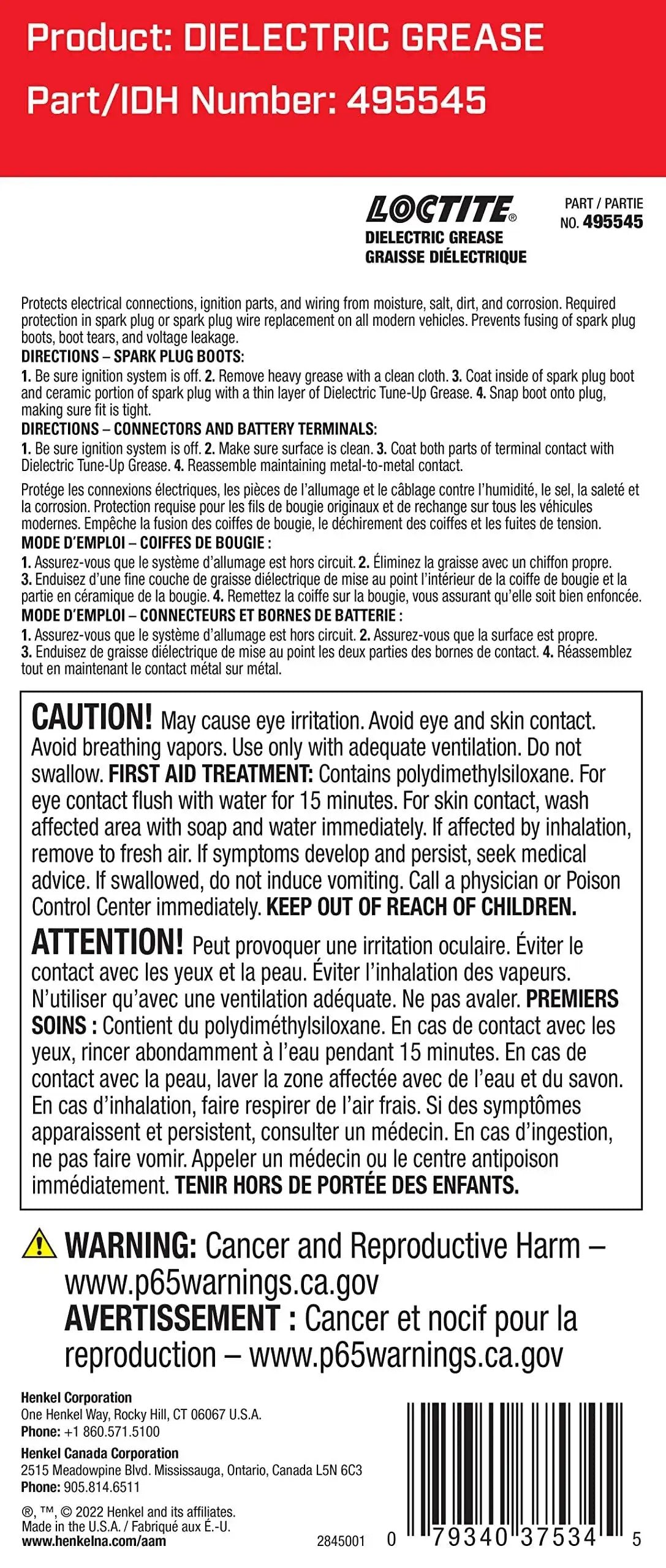 Back label of Durable Dielectric Grease For Automotive Electrical Connections With Moisture Proof Barrier Prevents Voltage Leakage And Supports High Energy Ignition Systems Salt Dirt And Corrosion Resistant 0.33 Oz Tube Loctite showing cautions and IDH number 495545.