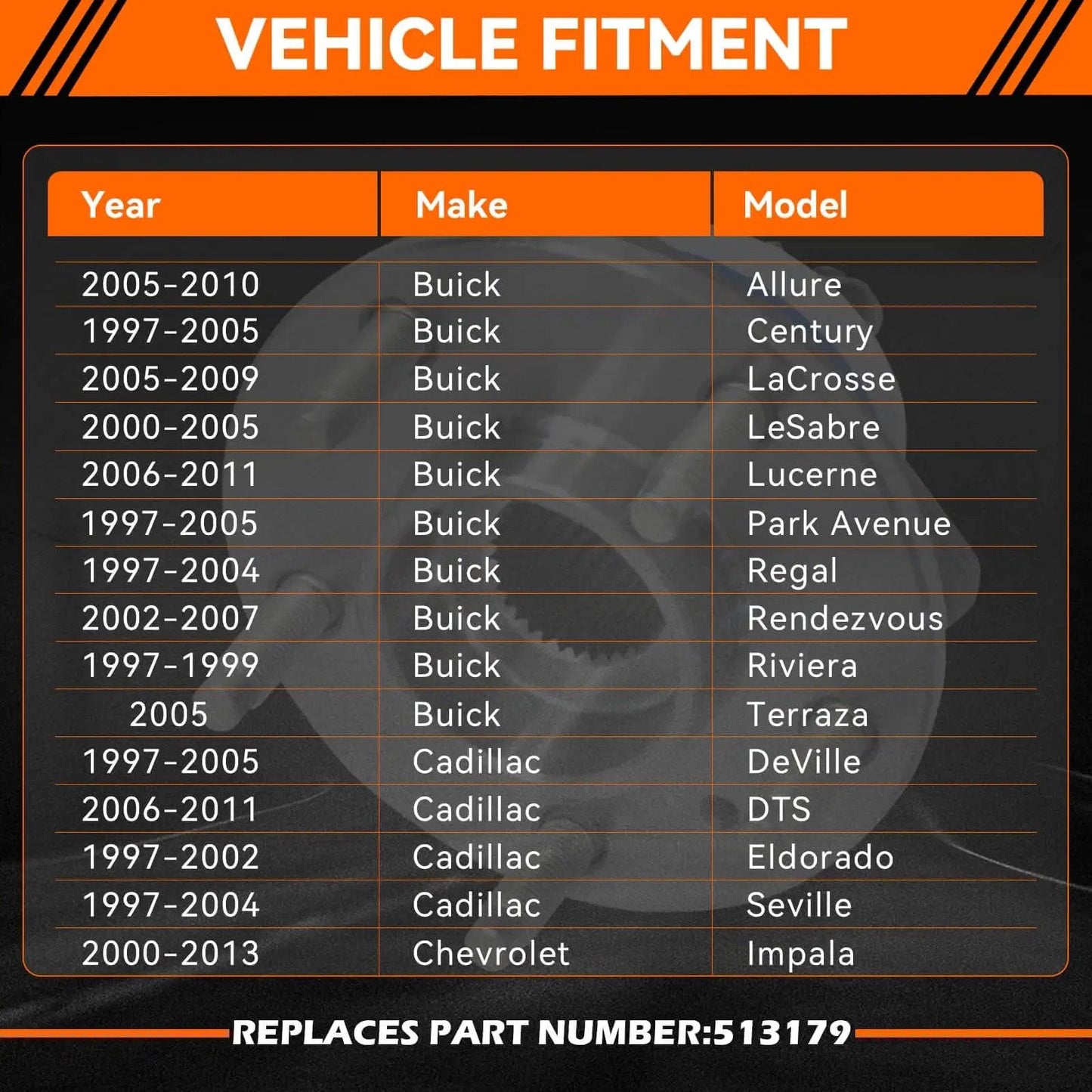Vehicle fitment chart for Front Wheel Hub Bearing Assembly 513179 Compatible with various Buick, Cadillac, Chevy models.