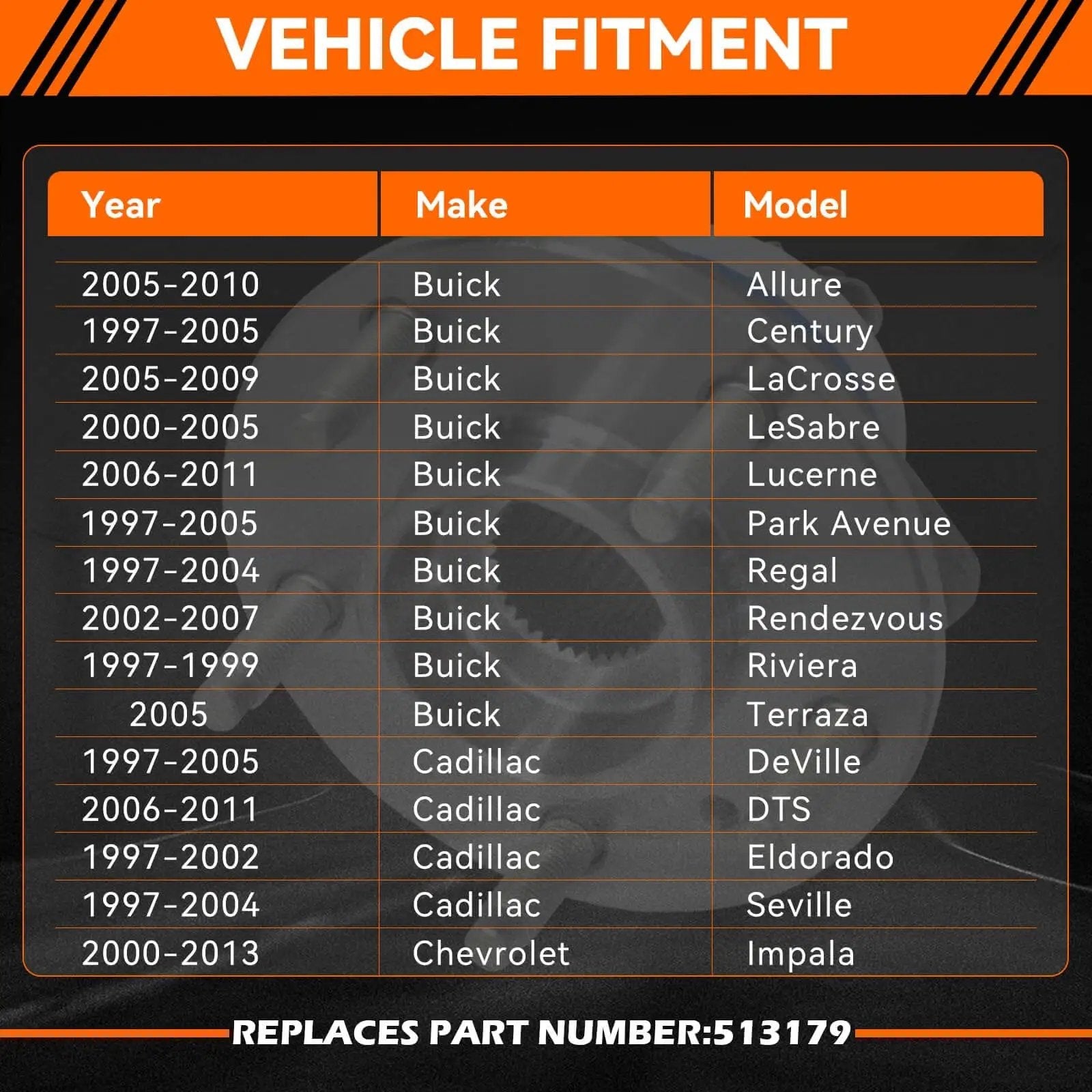 Vehicle fitment chart for Front Wheel Hub Bearing Assembly 513179 Compatible with various Buick, Cadillac, Chevy models.