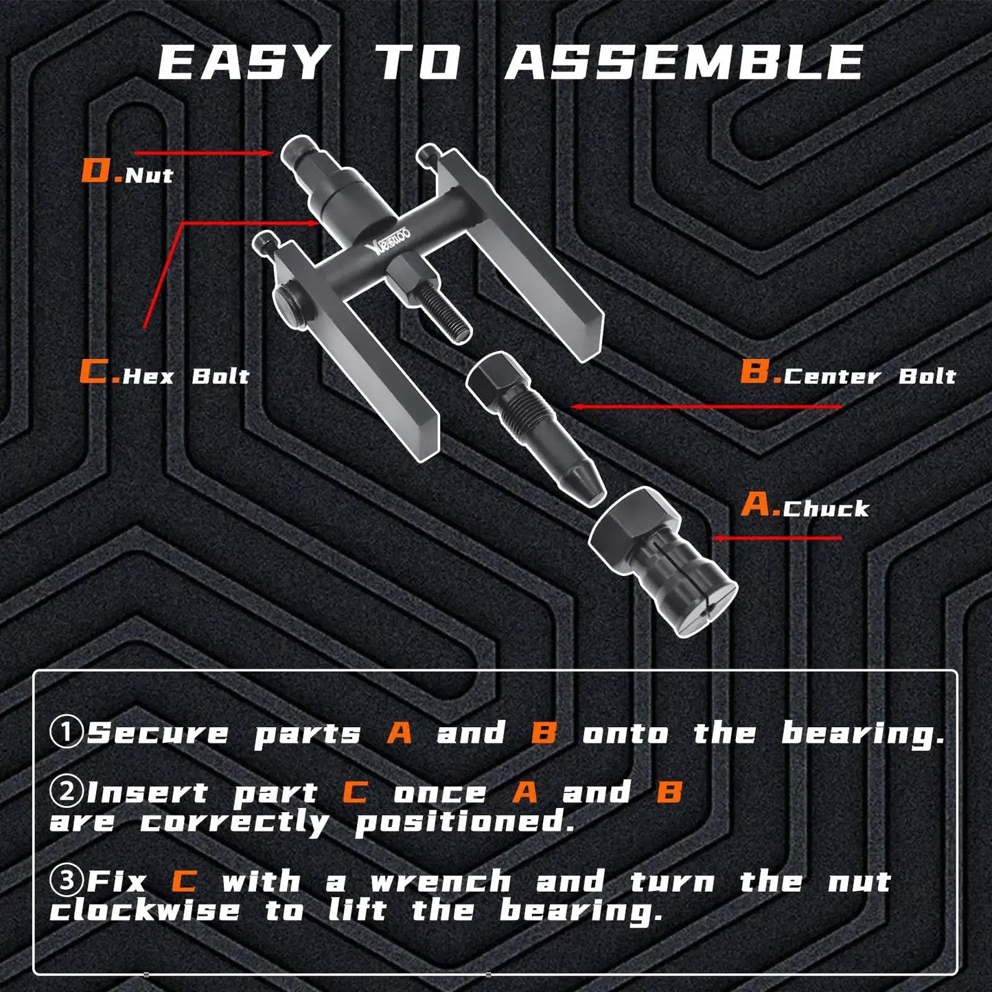 Assembly instructions for the 10 Piece Motorcycle Bearing Extractor and Puller Tool Kit for 8 to 25 mm Bearings.