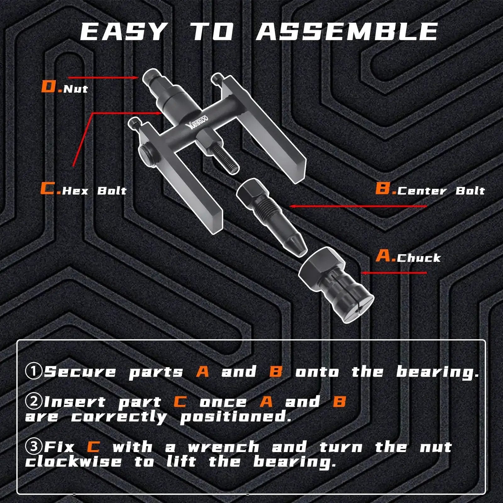 Assembly instructions for the 10 Piece Motorcycle Bearing Extractor and Puller Tool Kit for 8 to 25 mm Bearings.