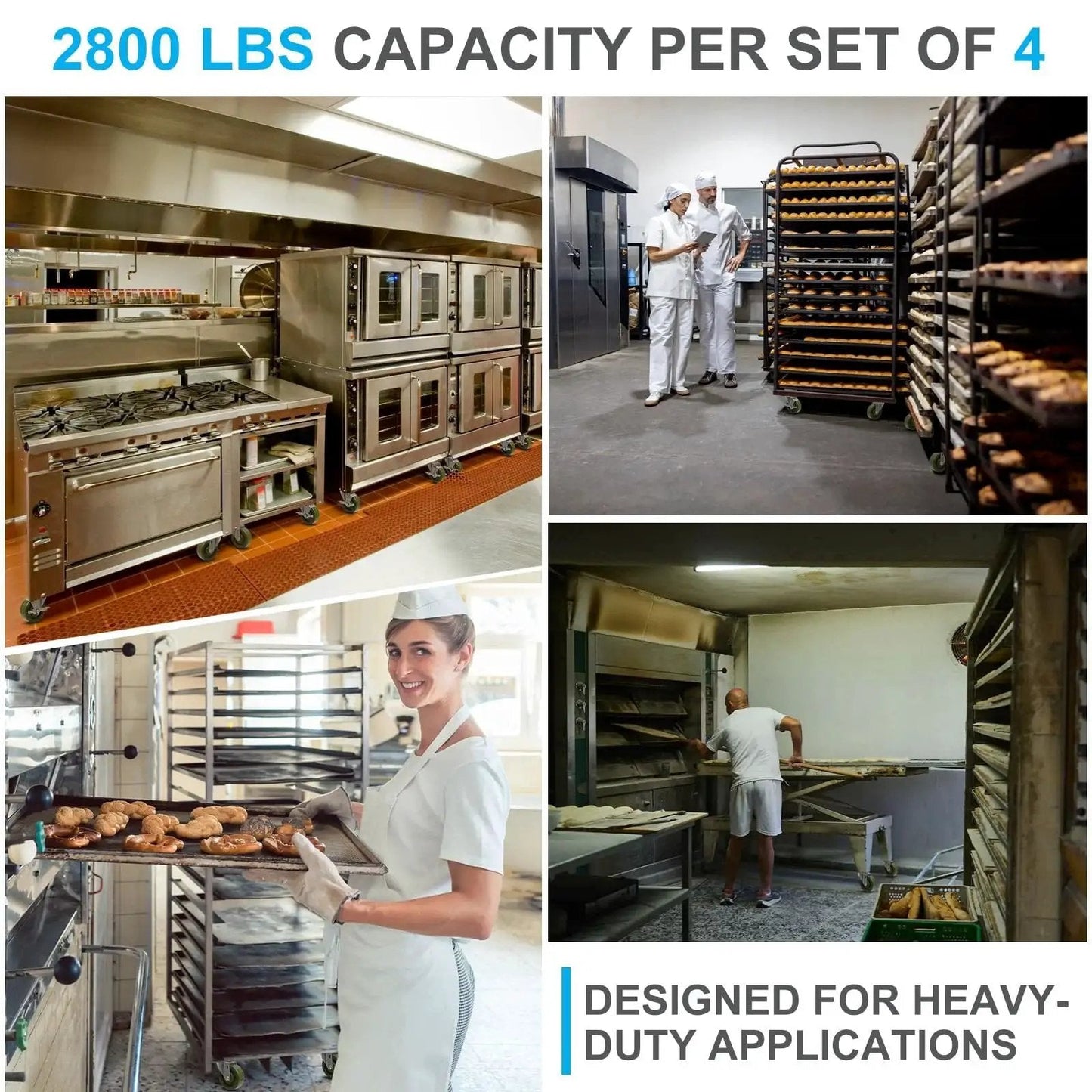 4 Inch By 1.5 Inch High Temp Green Epoxy Caster Wheels Set Of 4 For Industrial Bakery And Oven Racks With 3/8 Inch Bore Bearings And 2800 Lbs Capacity, Shock Resistant And Chemical Resistant in use in an industrial kitchen setting.