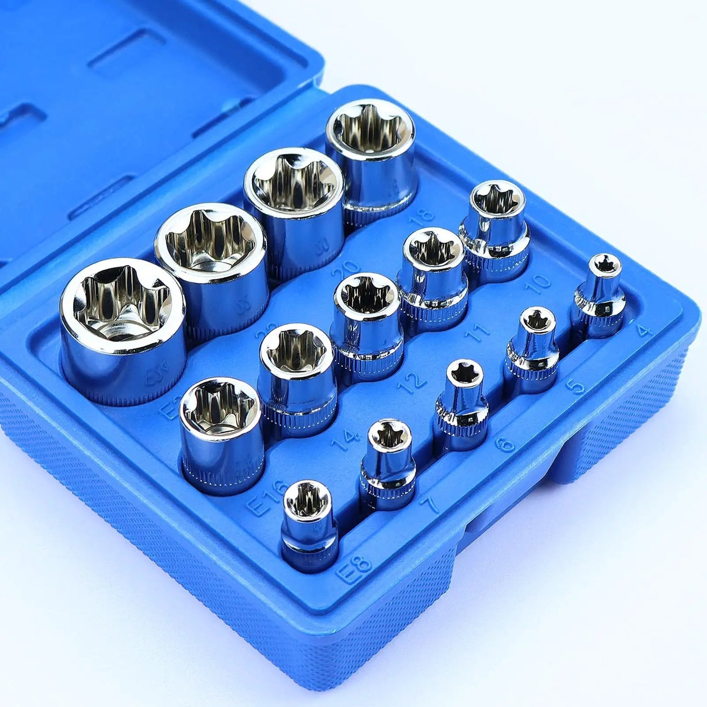 14-Piece Female E-Torx Socket Set With E4 Through E24 External Star Sockets For One Quarter Inch, Three Eighth Inch, And One Half Inch Drives, Pro Grade Cr-V Steel, Compatible With Regular And E-Torx Plus, Auto Repair Kit With Storage Case in blue case.