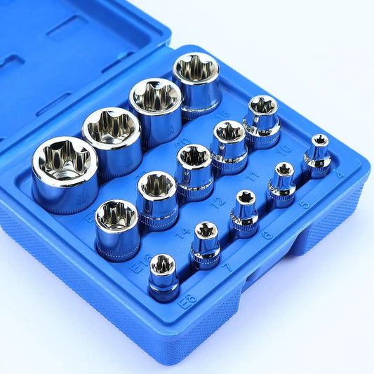 14-Piece Female E-Torx Socket Set With E4 Through E24 External Star Sockets For One Quarter Inch, Three Eighth Inch, And One Half Inch Drives, Pro Grade Cr-V Steel, Compatible With Regular And E-Torx Plus, Auto Repair Kit With Storage Case in blue case.