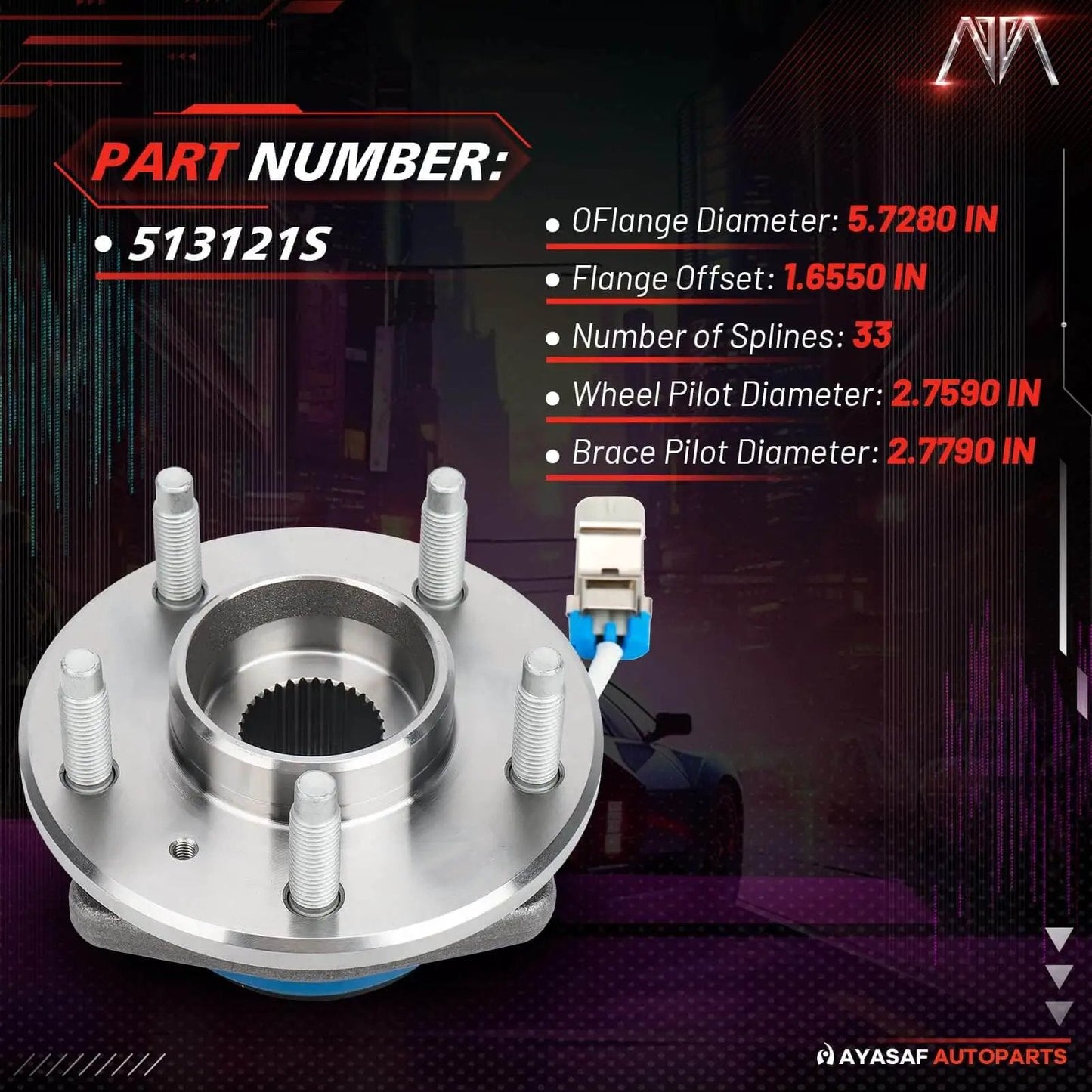 Single Front Wheel Hub Bearing Assembly 513121 Heavy Duty Sealed Hub for Chevy Impala Monte Carlo Venture displayed with specs.