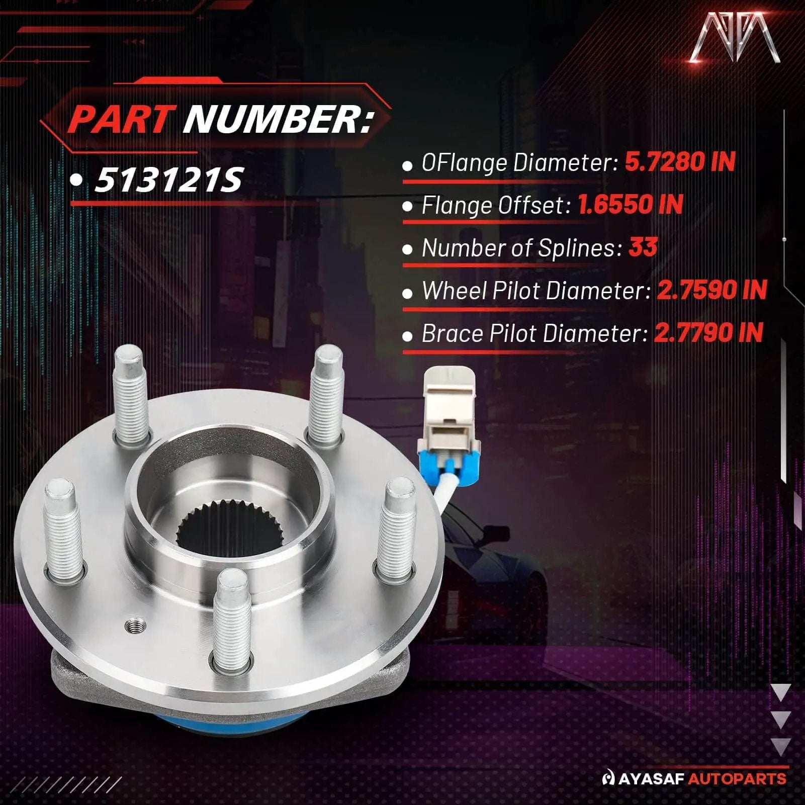 Single Front Wheel Hub Bearing Assembly 513121 Heavy Duty Sealed Hub for Chevy Impala Monte Carlo Venture displayed with specs.