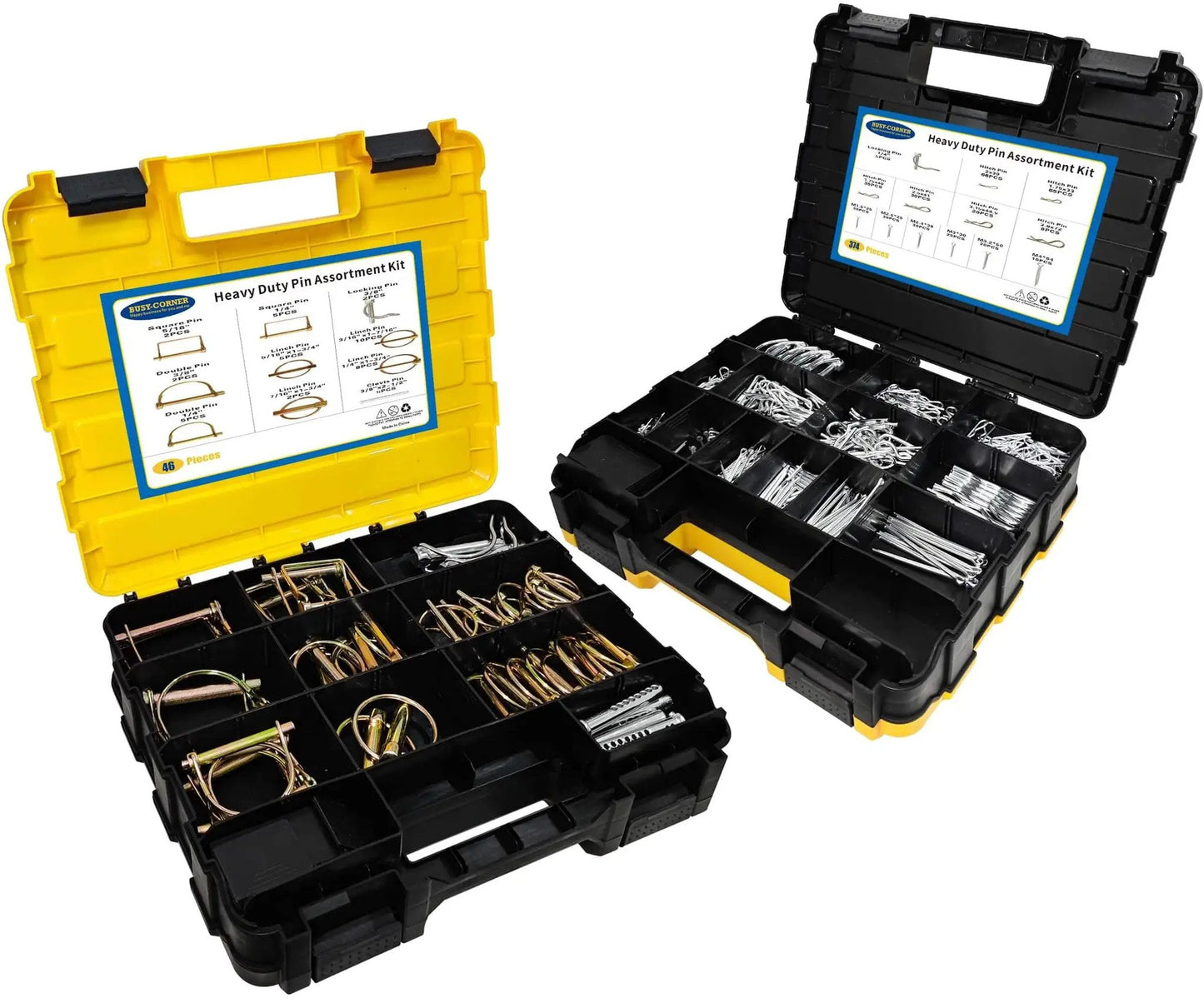 420 Piece Heavy Duty Pin Kit With Zinc Plated Carbon Steel Hitch Pins, R Clips displayed in yellow and black organizer case