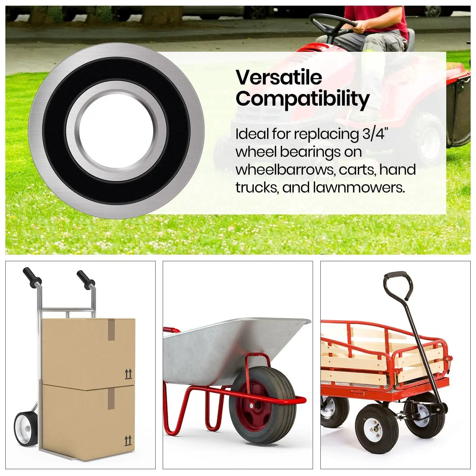 4 Pack Three Quarter Inch Carbon Steel Bearings Replacement For Lawn Mowers Wheelbarrows Carts And Hand Trucks With Universal Size ID Three Quarter Inch And OD One And Three Eighth Inch Durable Long Lasting Bearings displayed with diverse equipment applications.