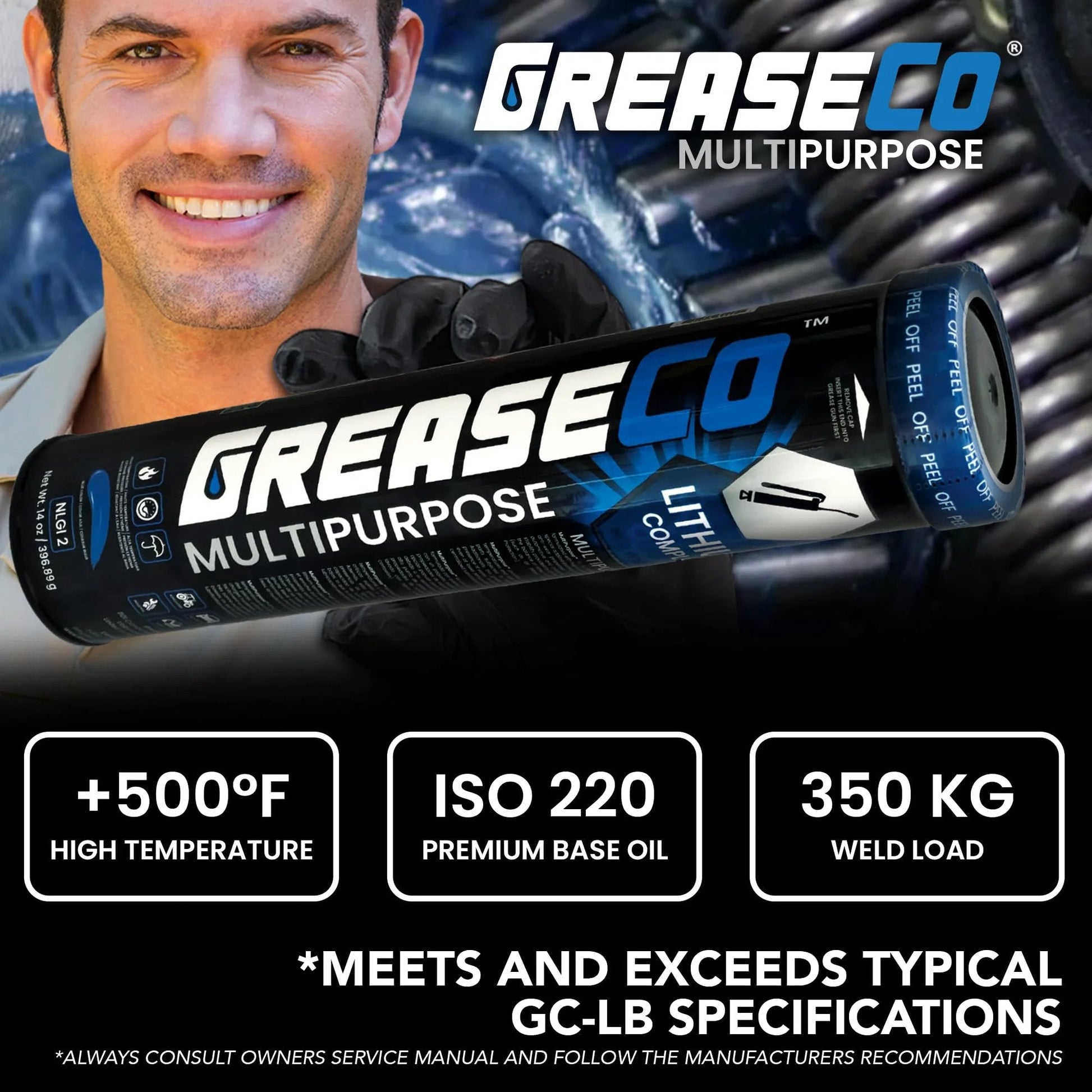 All Purpose High Temp Wheel Bearing Grease Tube With Lithium Complex For Automotive Axles Ball Joints CV Joints And More Blue Single Cartridge NLGI 2 Multipurpose Lubricant For Tractors Trucks Boats Marine Use, shown in product packaging with temperature and load specifications.