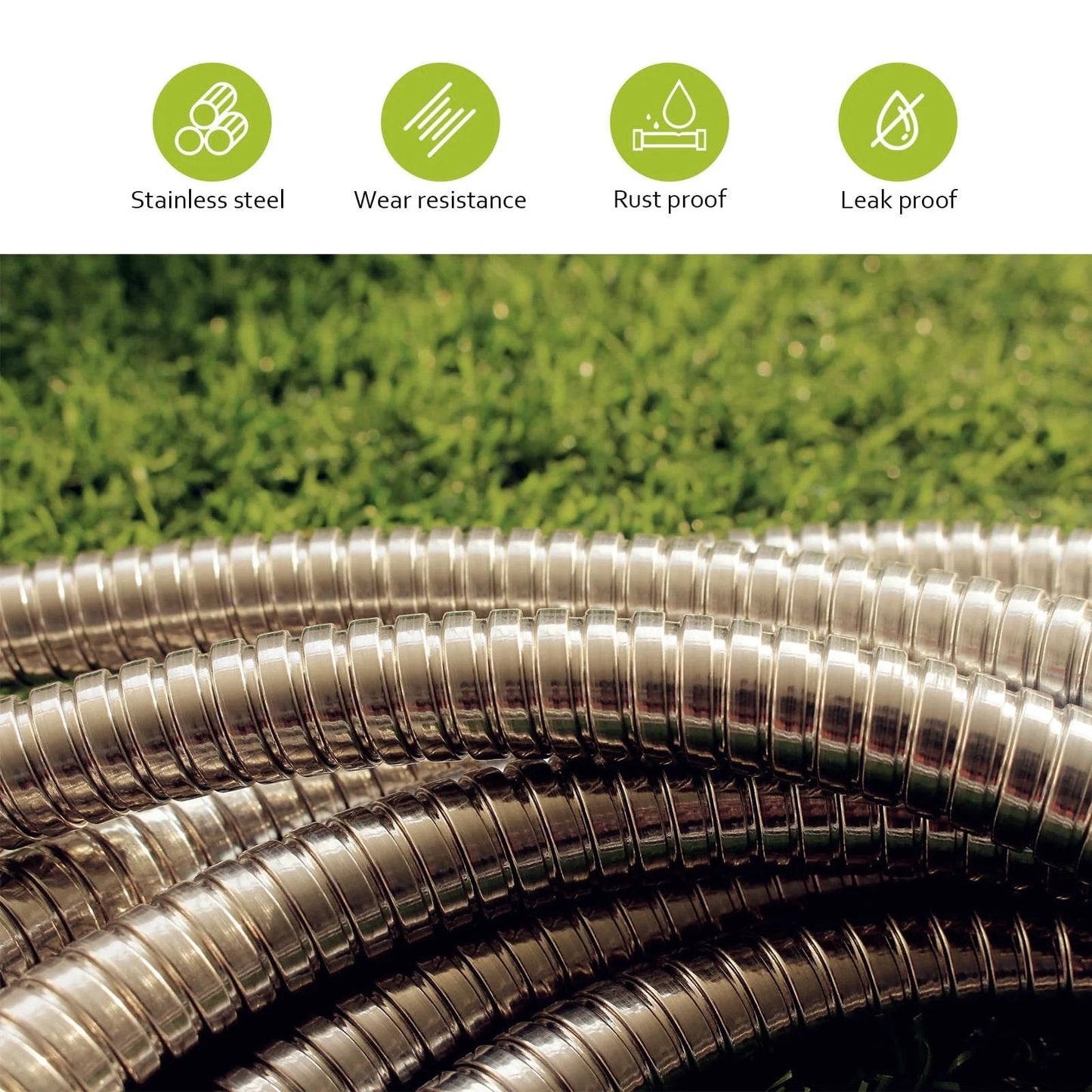 Close-up of Heavy Duty 50 Ft Stainless Steel Garden Hose With Ten Function Nozzle Flexible No Kink And Lightweight And Durable