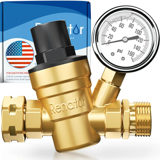 Adjustable Brass RV Water Pressure Regulator with Gauge For RVers And Campers Travel Trailers Lead Free Reducer Valve