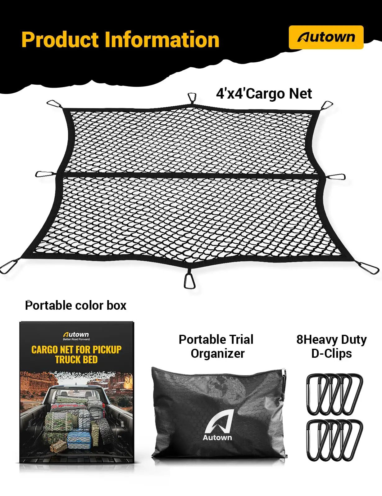 Heavy Duty Truck Bed Cargo Net Stretchable From 4x4 To 7x7 In 1x1 Inch Mesh With 8 Metal Carabiners Keeps ATV SUV UTV Boat Gear Secure On Road And Trails AUTOWN displayed in black with eight metal clips.