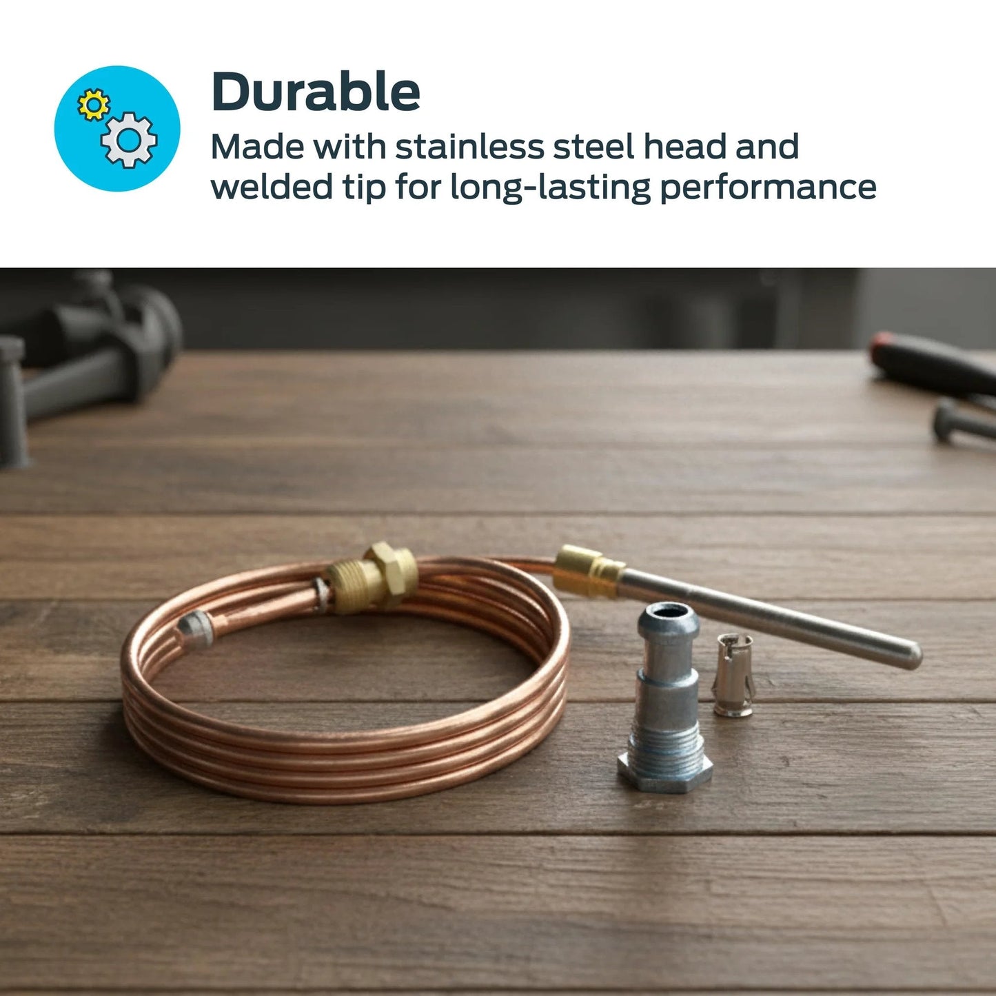 18 Inch Gas Thermocouple With Stainless Steel Head For Water Heaters Copper Core Sensor Coiled on Wooden Surface