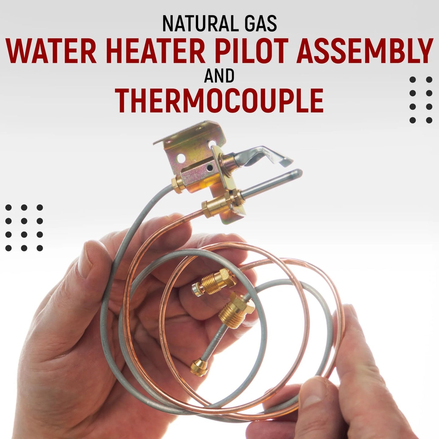 Gas Water Heater Pilot Assembly With 24 Inch Thermocouple For Gas Water Heaters Fits Desa NR Sears Remington Reddy All Pro Universal And More Plug And Play Compatible With RLP55V RLP125V REM55PV REM125PV And 85 Replacement Part shown in hands for size reference.