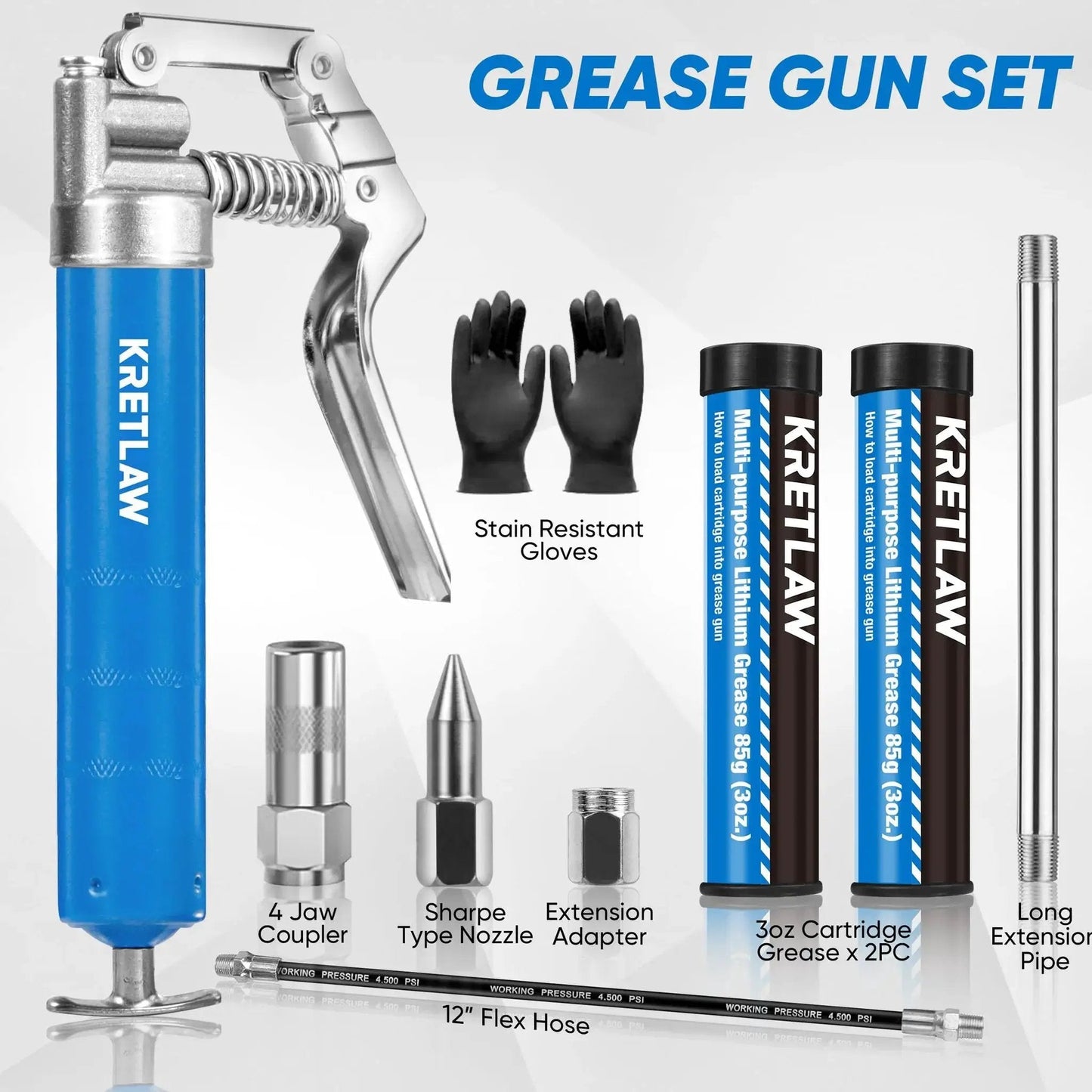 Mini Grease Gun Kit 3000 PSI with Double 3oz Cartridges and 12 Inch Flex Hose, Pro Grade Reinforced Coupler, Accessories, Gloves