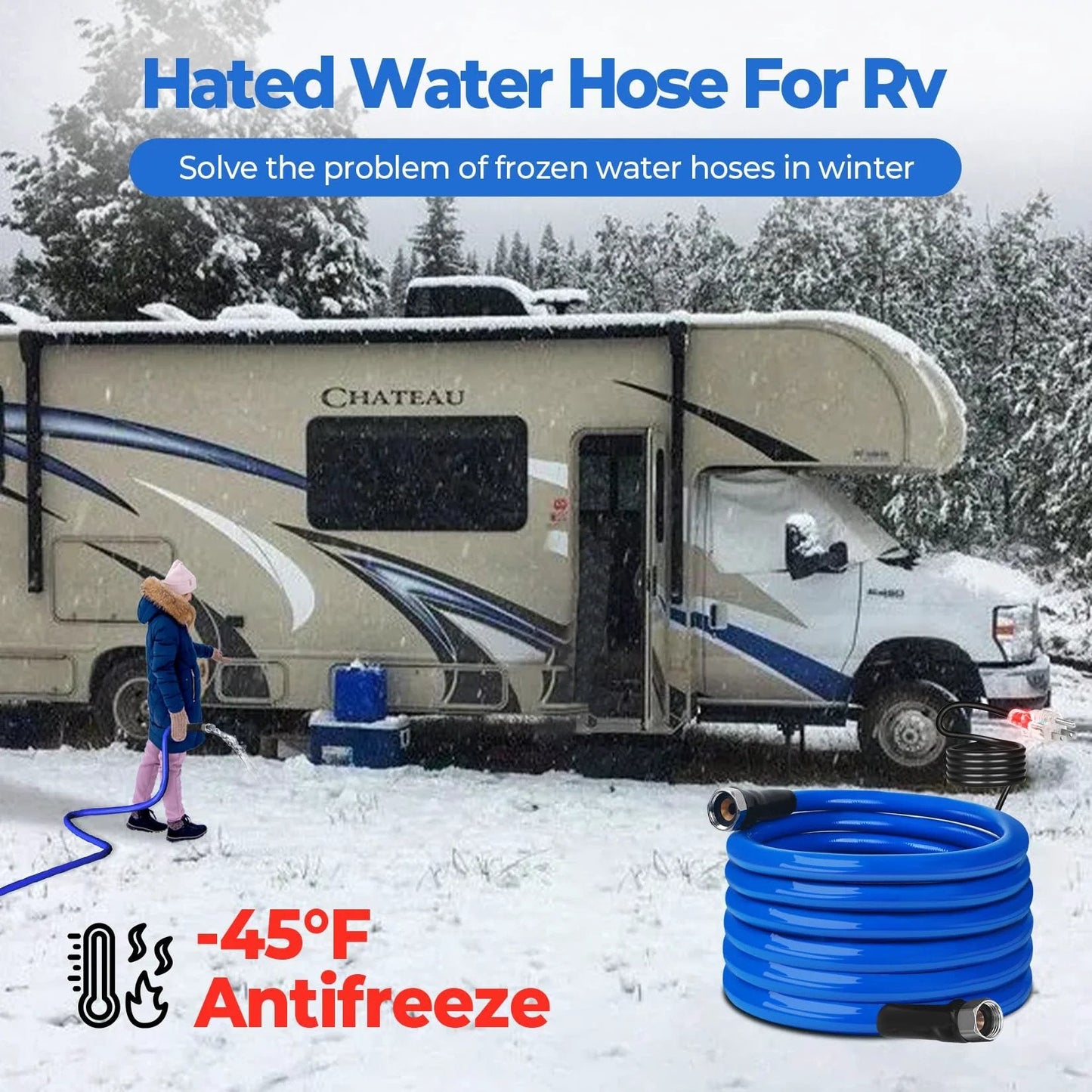 Heated RV Water Hose With Minus 45F Freeze Protection Intelligent Temperature Control Version 4 Upgrade 30 Ft Length RV Hoses With Fittings Winter Ready Anti Freeze Water Hose For Outdoor Use And Campsites in snow near RV