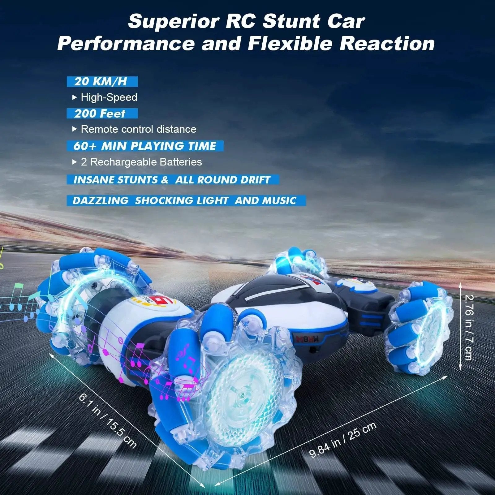 Gesture Sensing RC Stunt Car For Kids And Teens, 360 Degree Spin, Off Road Drifting, LED lights, shown in action on a track