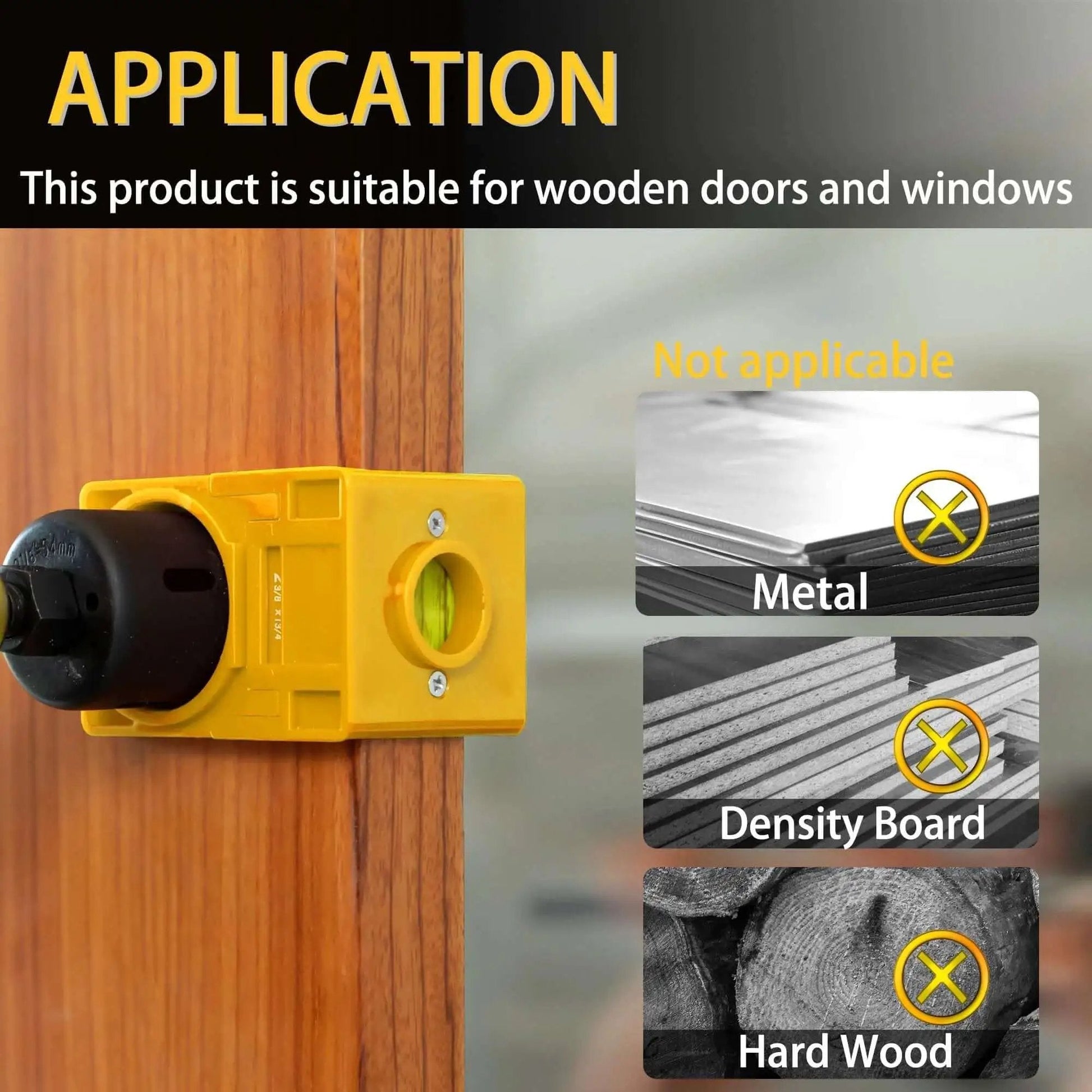Door Lock Installation Kit For Deadbolt And Door Knob Holes With Adjustable Plastic Guide Template And Two Hole Saws Two And One Eighth Inch And One Inch Must Have For DIYers RKK showing plastic guide template on wooden door