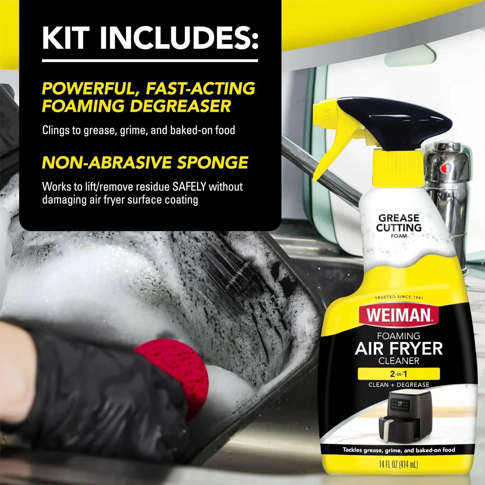 Foaming Air Fryer Cleaner Kit With Non Abrasive Sponge in use at kitchen sink
