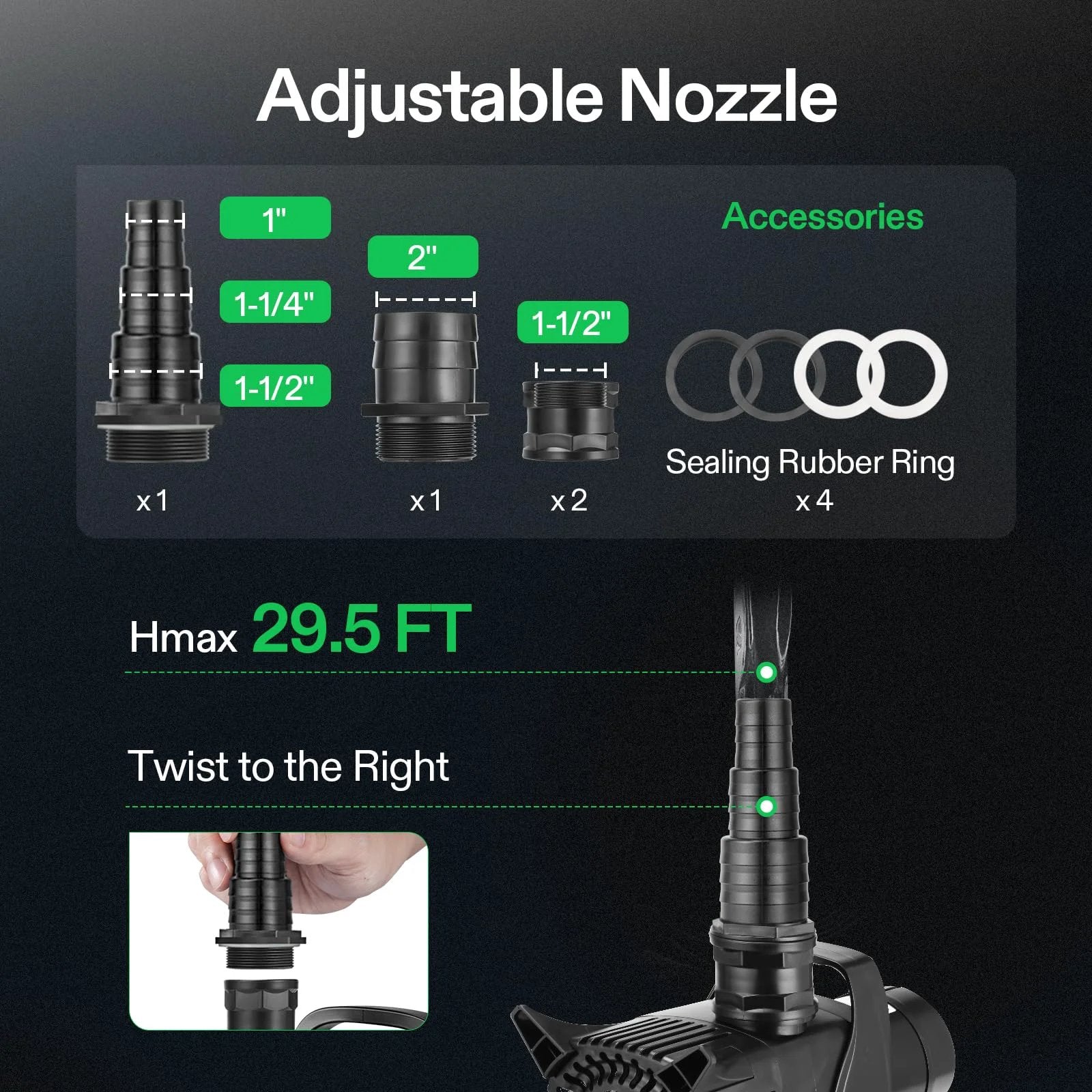 Adjustable nozzle and accessories of Ultra Quiet Submersible Water Pump 5284 GPH For Ponds Aquariums Waterfalls And Hydroponics 400W With 29.5 Ft Lift Durable IP68 Build And Overload Protection VIVOSUN