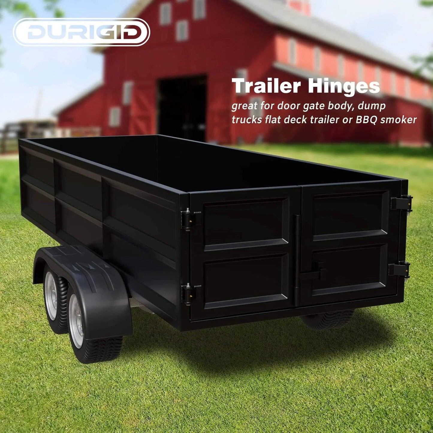 Heavy Duty Weld On Dump Trailer Hinge Set With Zerk Grease Fitting in use on a black dump trailer, showing welded installation