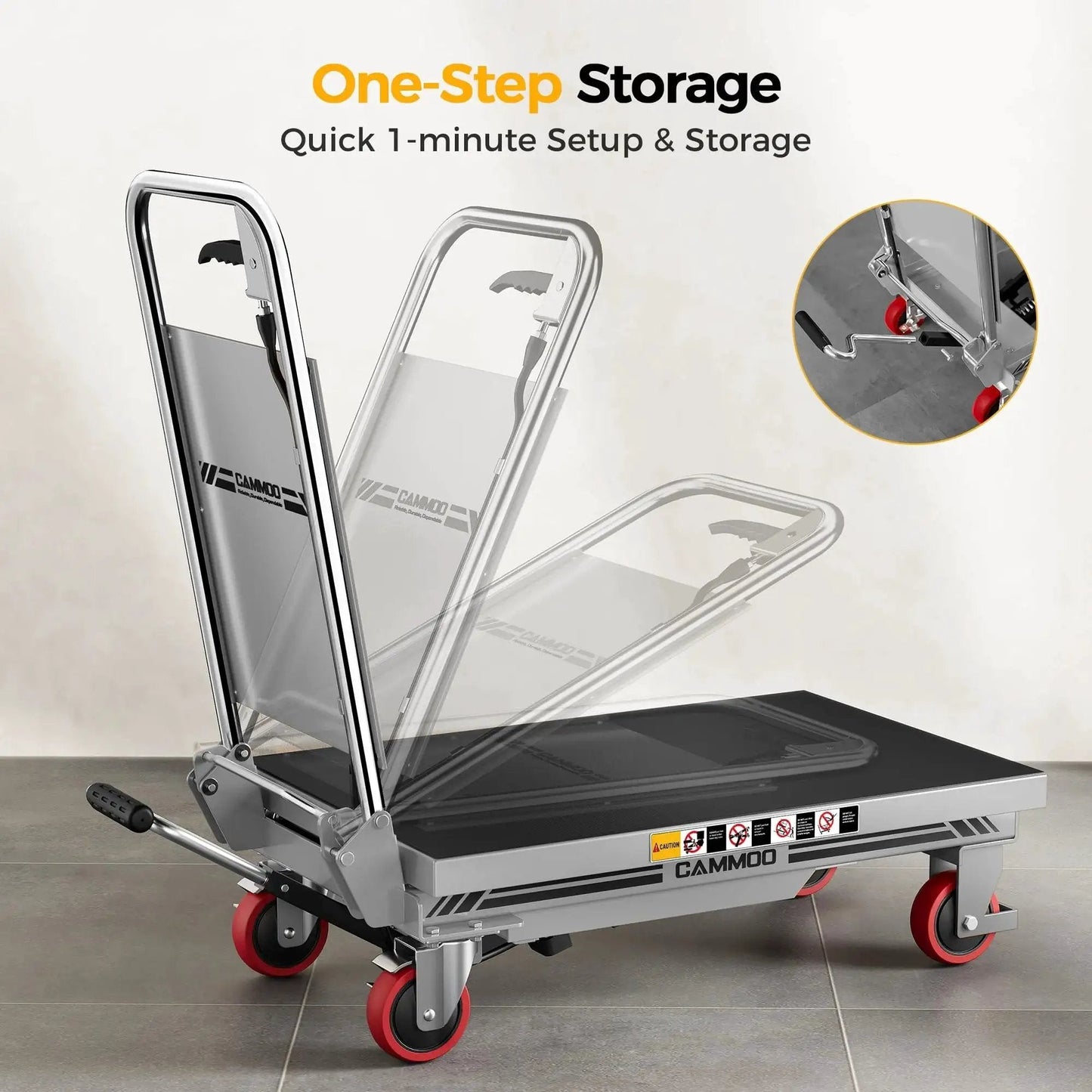 Hydraulic Lift Table Cart 500 Lb 28.5 Inch Lift Foldable Handle Safety Guard in folded position