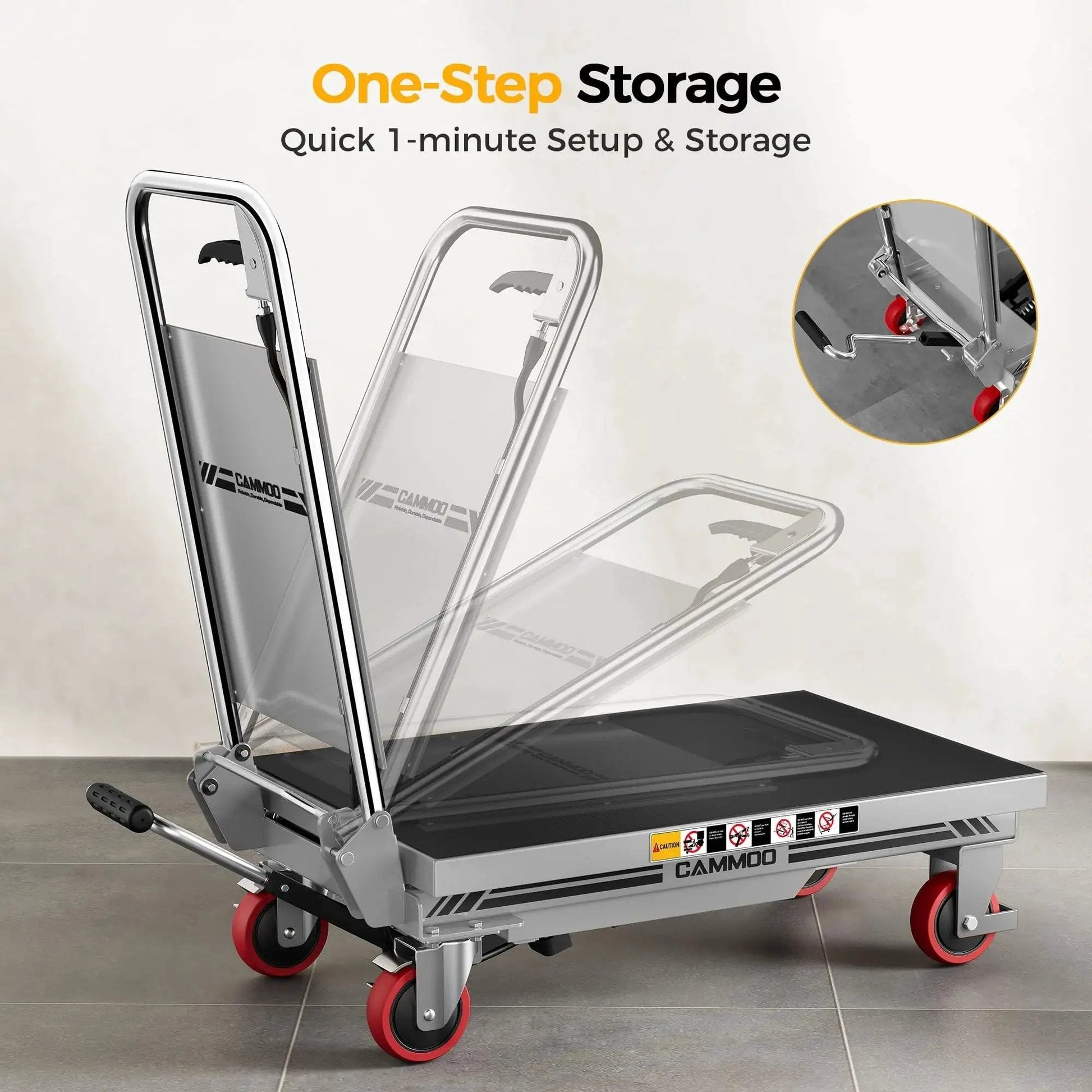 Hydraulic Lift Table Cart 500 Lb 28.5 Inch Lift Foldable Handle Safety Guard in folded position