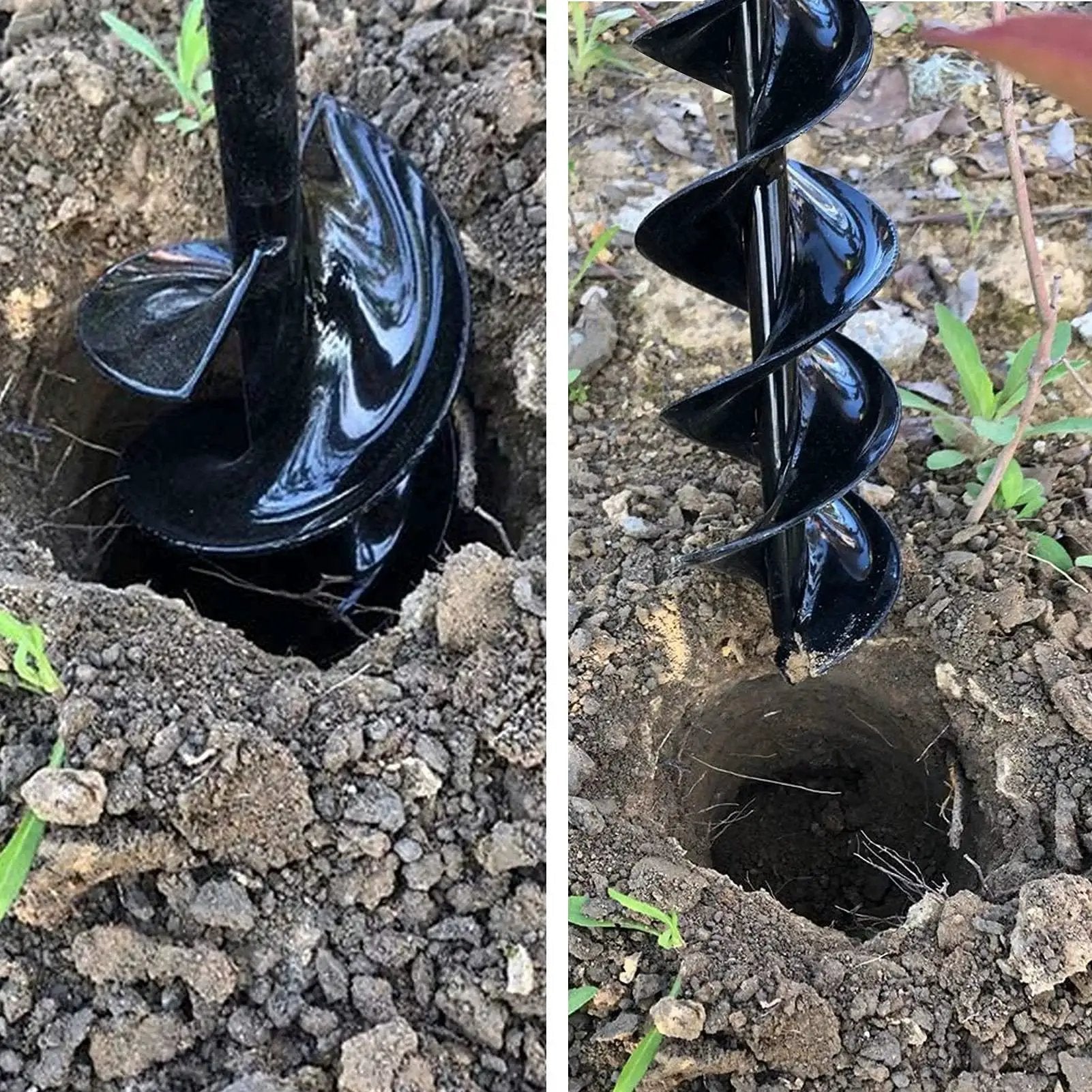 Planting Garden Auger Drill Bit Set 2 Pack Solid Core Shaft Spiral Hole Digger For Three Eighths Inch Hex Drive Drills demonstrating use in soil