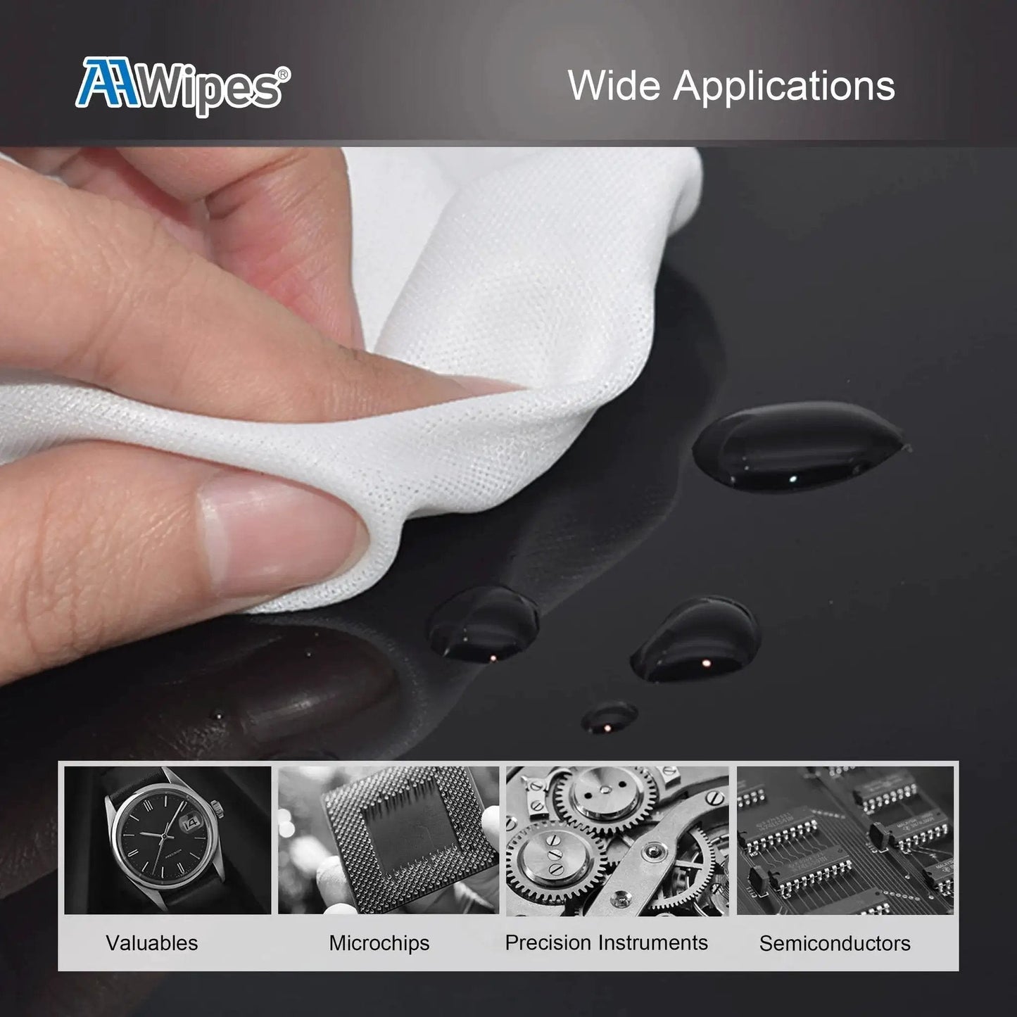 Cleaning surface with Ultra Soft Cleanroom Cloth Wipes 6x6 Inch 150 Count Polyester Microfiber, droplets on surface