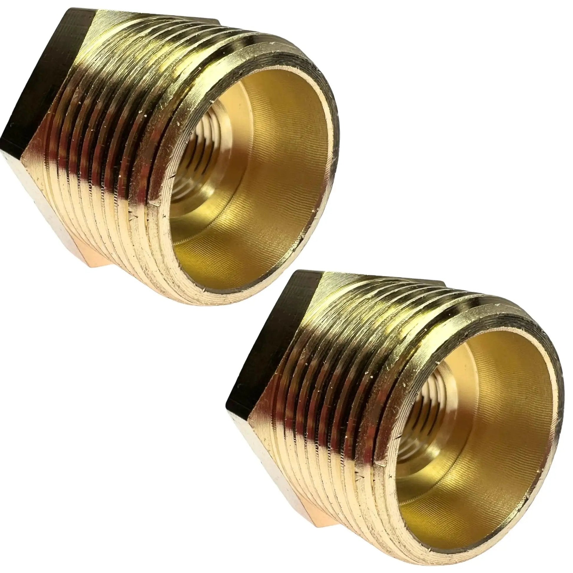 Two Pack Brass Reducer Hex Bushing Adapter Three Quarters Inch Male NPT To One Quarter Inch Female NPT Fittings Leak Resistant Durable Brass Hex Design