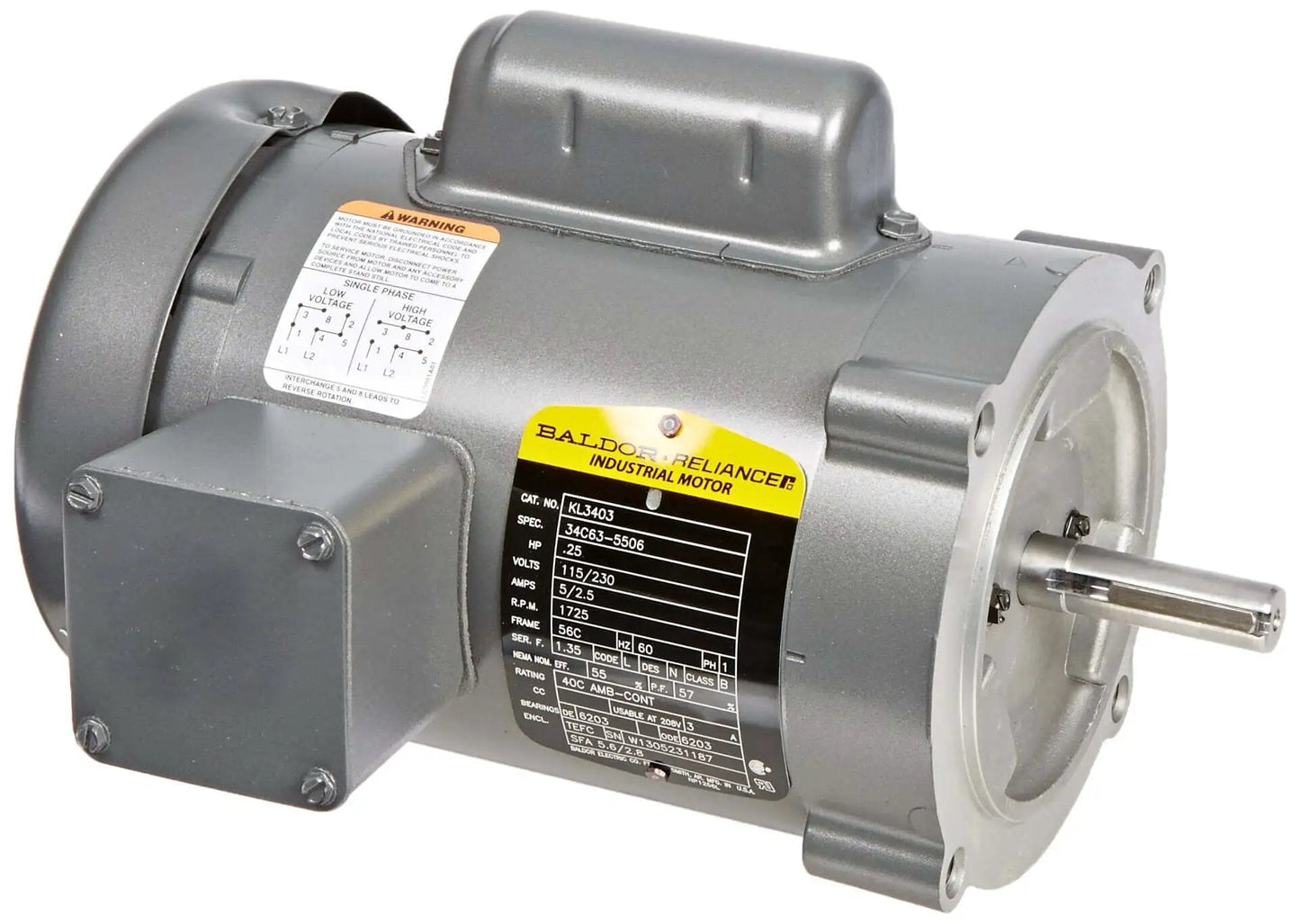 Single-phase 1/4 HP TEFC AC motor, 56C frame, 1725 RPM, 115/230V 60Hz, metal housing, side view