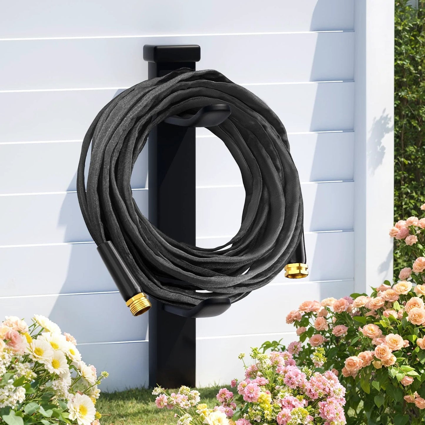 Non-Expandable 50 Ft Garden Hose Lightweight Ultra Flexible Water Hose With Burst Resistance Lead Free And No Kink High Pressure for Easy Yard Work Quick Watering Outdoor Cleaning And Durable Garden Tasks hanging on a wall.