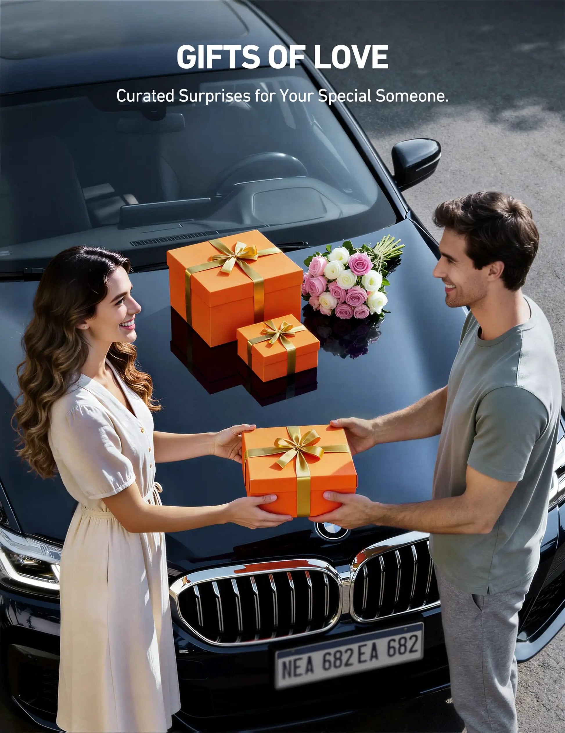 A couple exchanging wrapped orange gifts beside a car, with a bouquet of flowers on the hood.