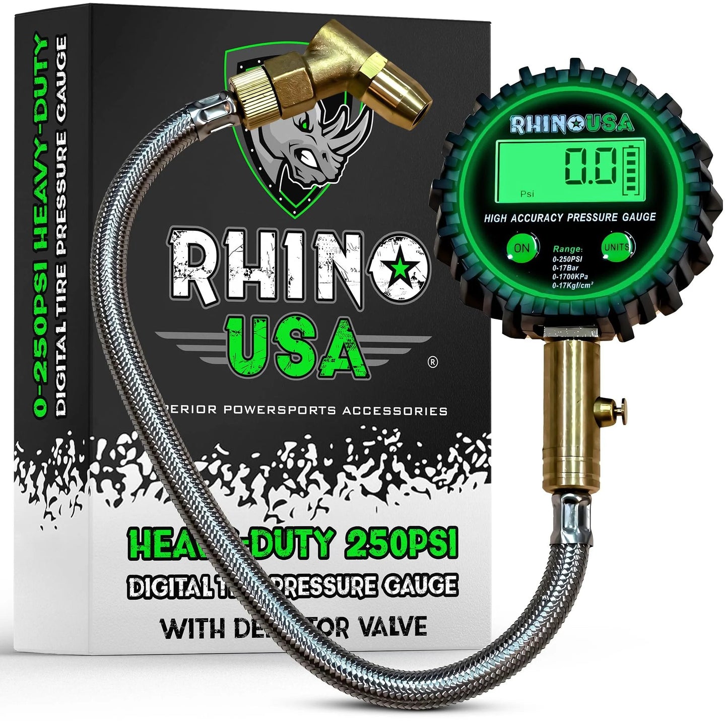 Ultimate Tire Pressure Gauge With Glow Dial And Premium Braided Hose 0-250 Psi ANSI B40.7 Accurate Heavy Duty Air Chuck Brass Swivel Head Bleeder Valve For Trucks Cars Semis RVs And More American Owned showing glow dial and braided hose.