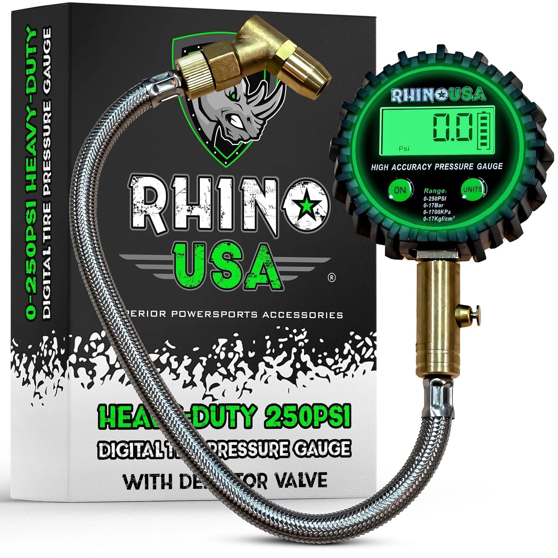 Ultimate Tire Pressure Gauge With Glow Dial And Premium Braided Hose 0-250 Psi ANSI B40.7 Accurate Heavy Duty Air Chuck Brass Swivel Head Bleeder Valve For Trucks Cars Semis RVs And More American Owned showing glow dial and braided hose.