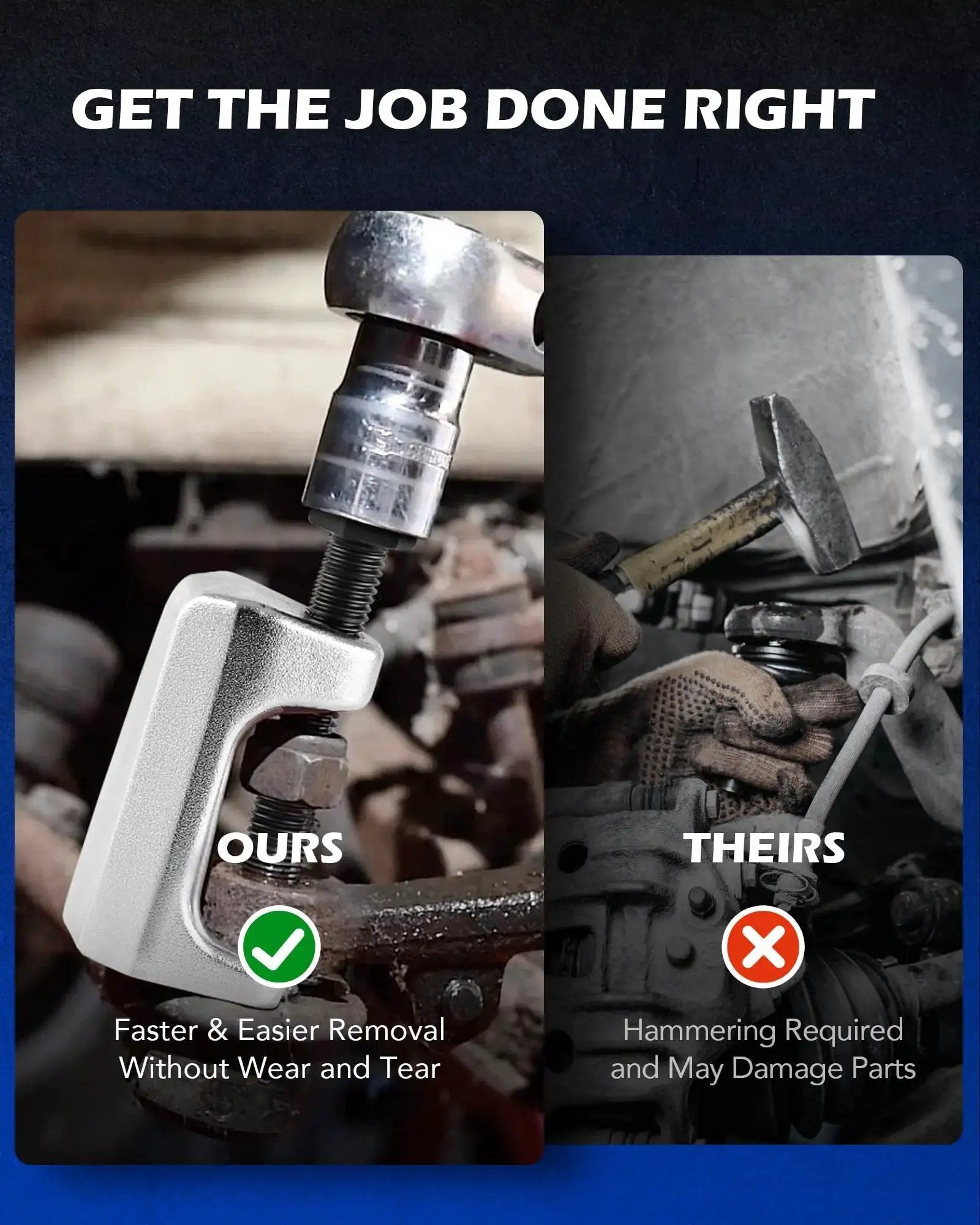 Side view comparison of Ball Joint Separator And Pitman Arm Puller Set For Front End Service 3 Piece versus a hammer and wrench method.