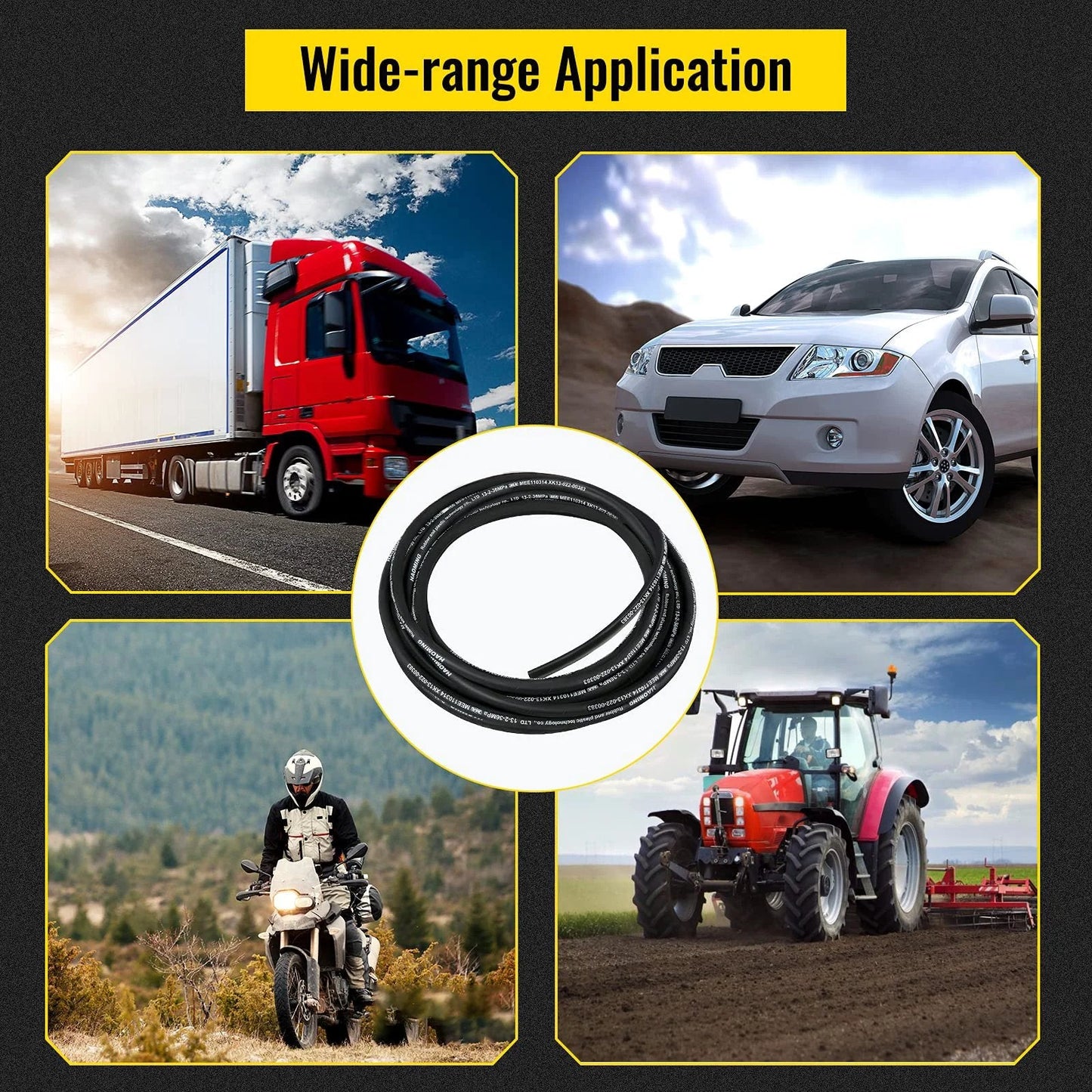 Heavy Duty 50 Feet Hydraulic Hose With Two High Tensile Steel Wire Braids Half Inch Inner Diameter 5000 PSI Max shown with heavy equipment applications.