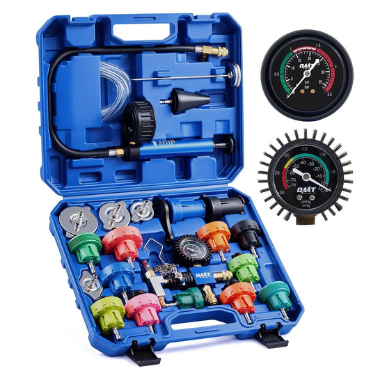 26 Piece Coolant Pressure Tester Kit With 18 Radiator Adapters, Vacuum Pump And Refill Tool, Thermometer, Hose, O Rings And Wrench For Easy Pressure Testing And Vacuum Refill Of Automotive Cooling System Orion Motor Tech