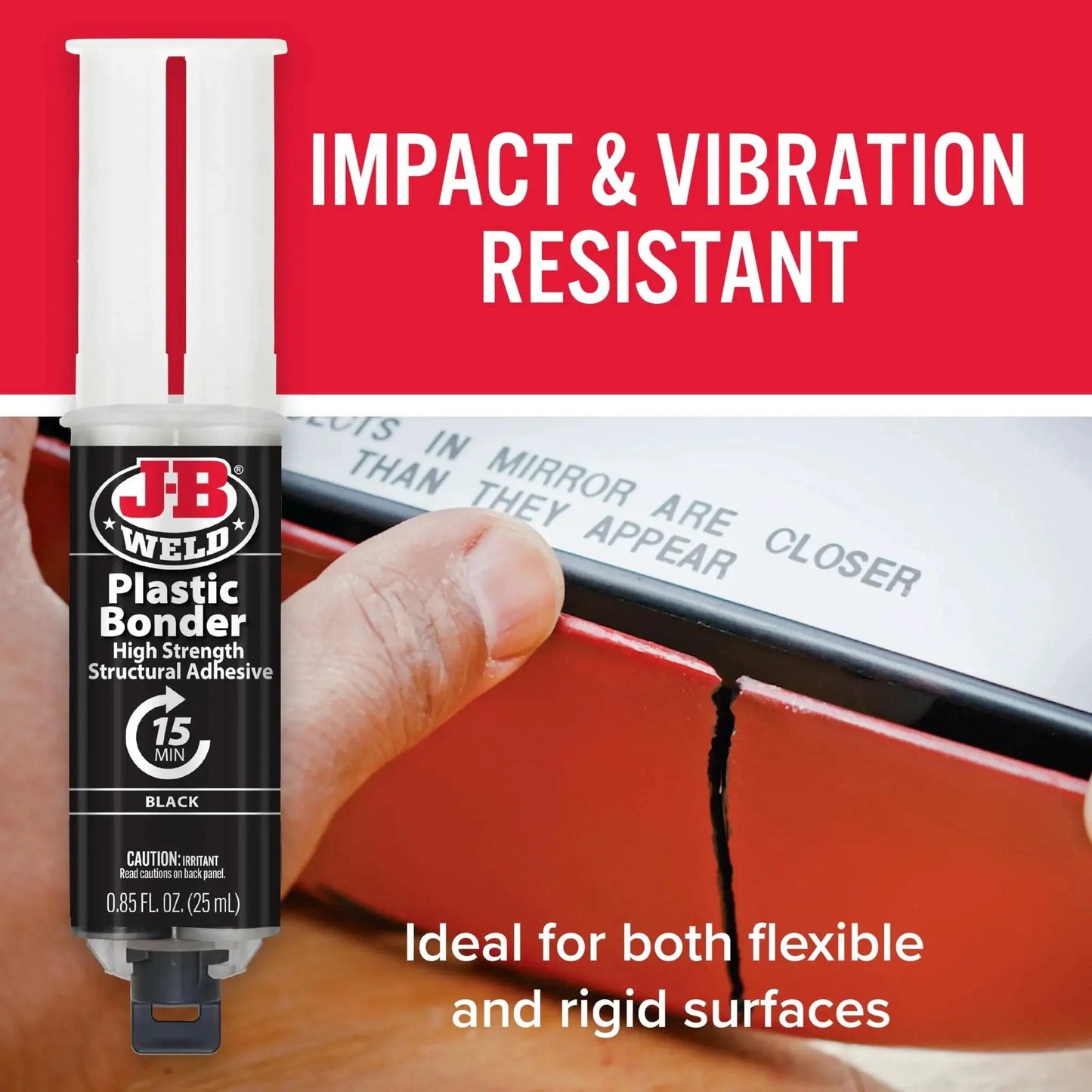 Plastic Bonder Body Panel Adhesive And Gap Filler Syringe Black 25 Ml used for repair shown against cracked panel