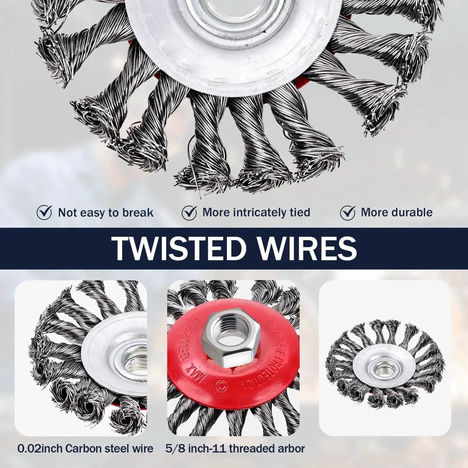 Close-up of a Three Pack Wire Wheel Brush Set with 0.02 inch carbon steel 72A twist wire and five eighth inch arbor for cleaning.