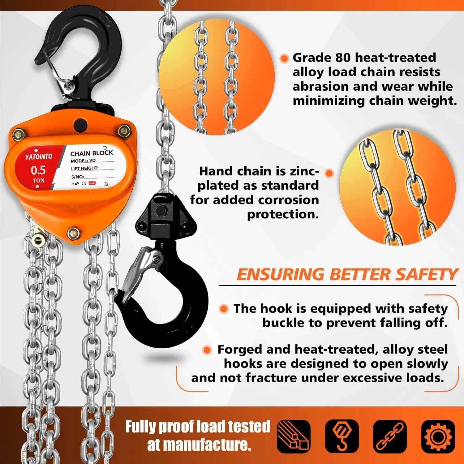 Half Ton Manual Chain Hoist With 10 Ft Lift And 1100 Lb Capacity Dual Hooks featuring safety features and industrial specifications