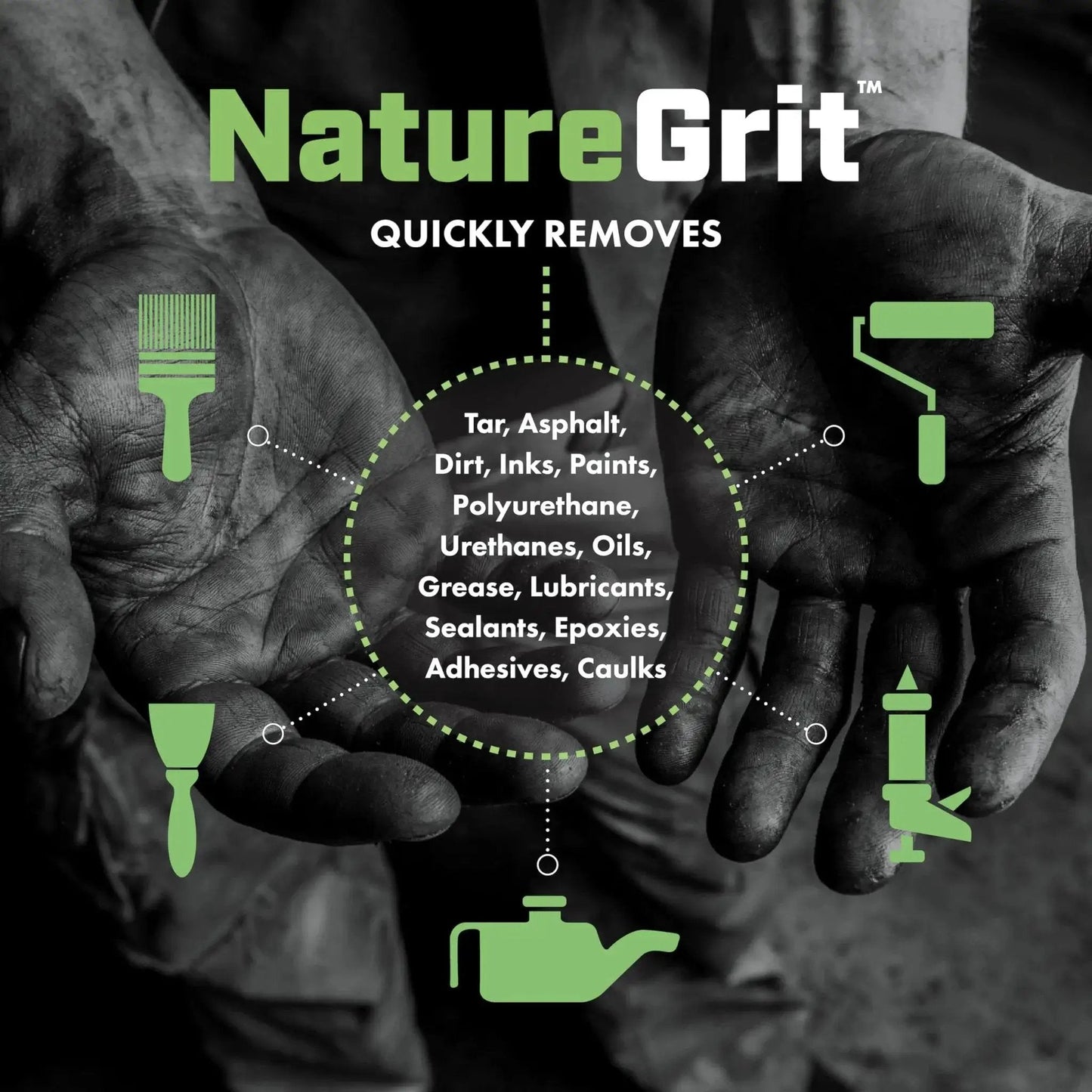 Mechanic Hand And Surface Wipes With Degreaser For Grime Removal Six Canisters, dirty hands demonstrating cleaning power