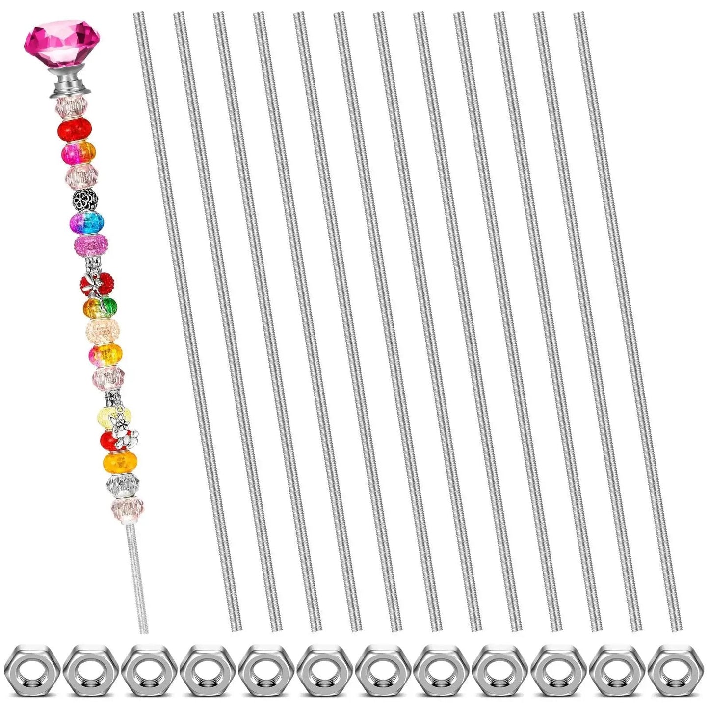 Stainless Steel 4mm Threaded Rods With Hex Nuts 12in Garden Stakes Kit 24 Pcs, showing rods, hex nuts, and decorative beads.