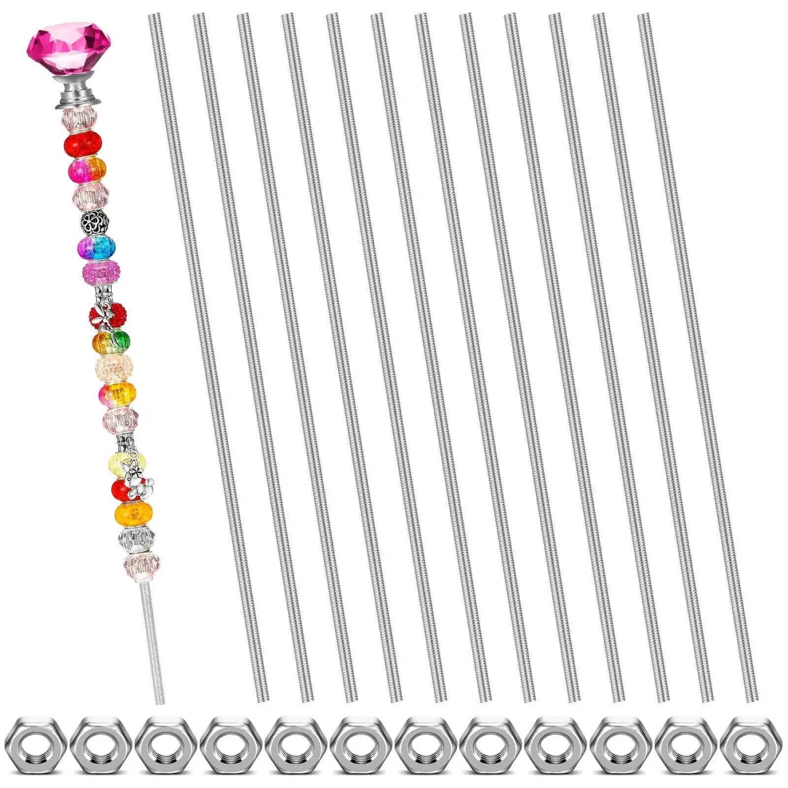 Stainless Steel 4mm Threaded Rods With Hex Nuts 12in Garden Stakes Kit 24 Pcs, showing rods, hex nuts, and decorative beads.